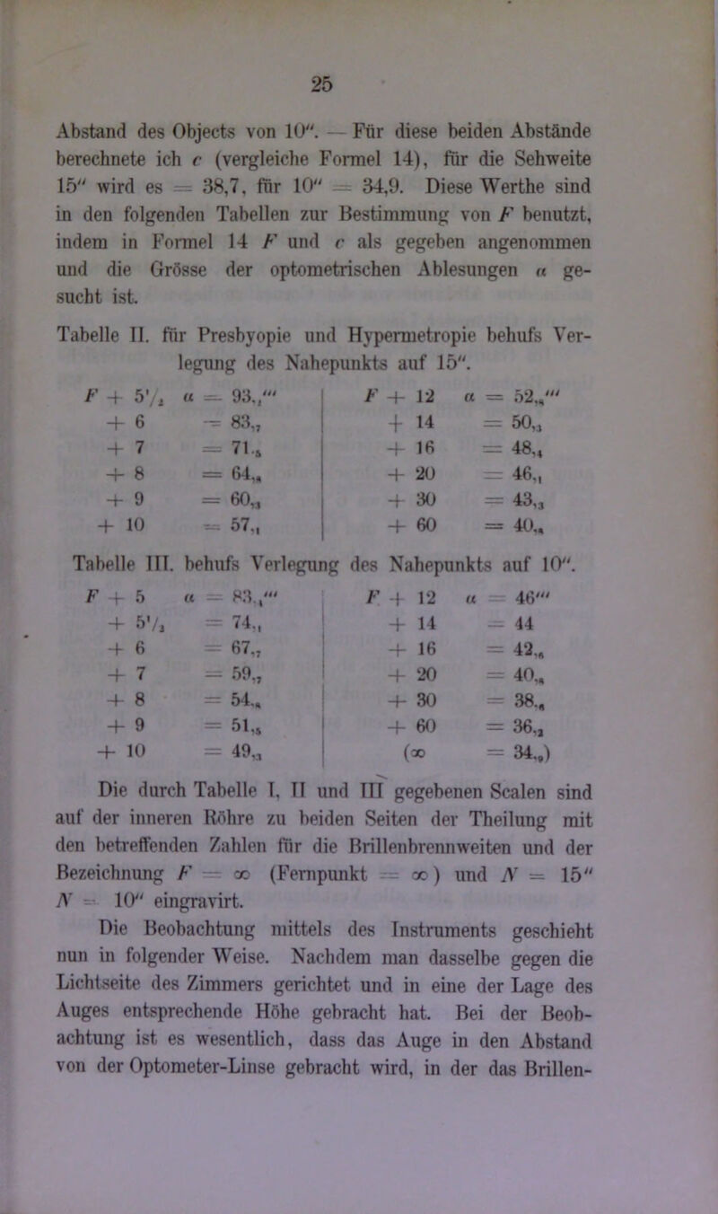 Abstand des Objects von 10. - Für diese beiden Abstände berechnete ich c (vergleiche Formel 14), für die Sehweite 15 wird es = 38,7, für 10 — 34,9. Diese Werthe sind in den folgenden Tabellen zur Bestimmung von F benutzt, indem in Formel 14 F und c als gegeben angenommen und die Grösse der optometrischen Ablesungen a ge- sucht ist. Tabelle II. für Presbyopie und Hypemietropie behufs Ver- legung des Nahepunkts auf 15. F + 5% « 93./ -j. N— K, a — 52,,' + 6 - 83,, + 14 = 50,, 4- 7 71& + 16 = 48.4 8 = 64,, 4- 20 46., 4- 9 = 60,, 4- 30 = 43,, 4- 10 o ü 4- 60 = 40., Tabelle III. behufs Verlegung des Nahepunkts auf 10 F + 5 « ^ 83./ F 4 12 « — 46'« + 57a 74., 4- 14 44 -f 6 67., 4- 16 = 42., 4- 7 - 59., 4- 20 40„ -1- 8 54., 4- 30 = 38., 4- 9 = 51,4 4- 60 = 36,, 4- 10 49,, (oo = 34.,) Die durch Tabelle I, II und III gegebenen Scalen sind auf der inneren Röhre zu beiden Seiten der Theilung mit den betreffenden Zahlen für die Brillenbrennweiten und der Bezeichnung F — cc (Fernpunkt - oo) und N = 15 N - 10 eingravirt. Die Beobachtung mittels des Instruments geschieht nun in folgender Weise. Nachdem man dasselbe gegen die Lichtseite des Zimmers gerichtet und in eine der Lage des Auges entsprechende Höhe gebracht hat. Bei der Beob- achtung ist es wesentlich, dass das Auge in den Abstand von der Optometer-Linse gebracht wird, in der das Brillen-