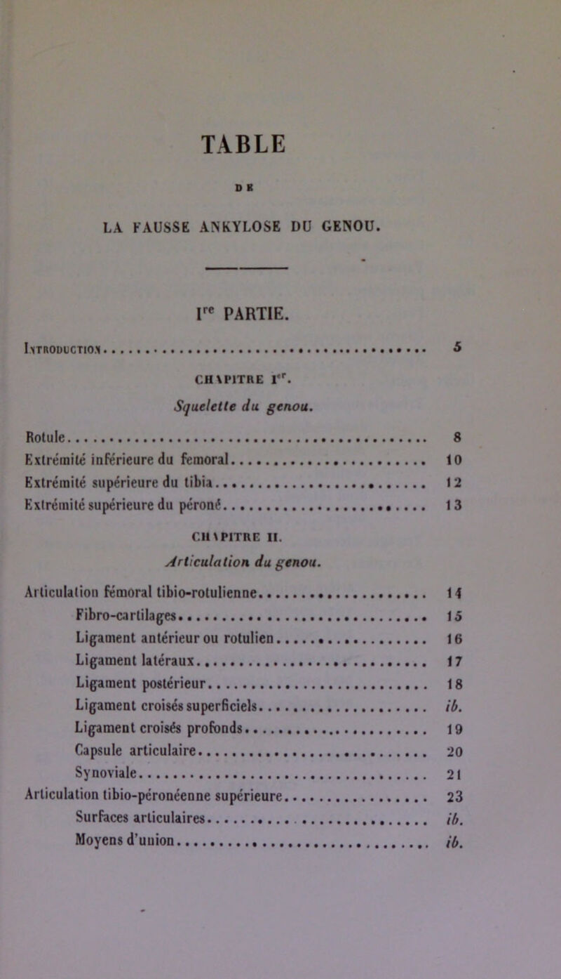 TABLE D B LA FAUSSE ANKYLOSE DU GENOU. r* PARTIE. IxTROÜUCTIO.I ^ CH\PITRE Squelette du genou. Rotule 8 Extrémité inFérieure du fémoral 10 Extrémité supérieure du tibia 12 Extrémité supérieure du péroné 13 CH \ PITRE II. Articulation du genou. Articulation fémoral tibio-rotulienne 14 Fibro-cartilages 15 Ligament antérieur ou rotulien 16 Ligament latéraux 17 Ligament postérieur 18 Ligament croisés superficiels ib. Ligament croisés profonds 19 Capsule articulaire 20 Synoviale 21 Articulation tibio-péronéenne supérieure 23 Surfaces articulaires ib. Moyens d’uuion ib.