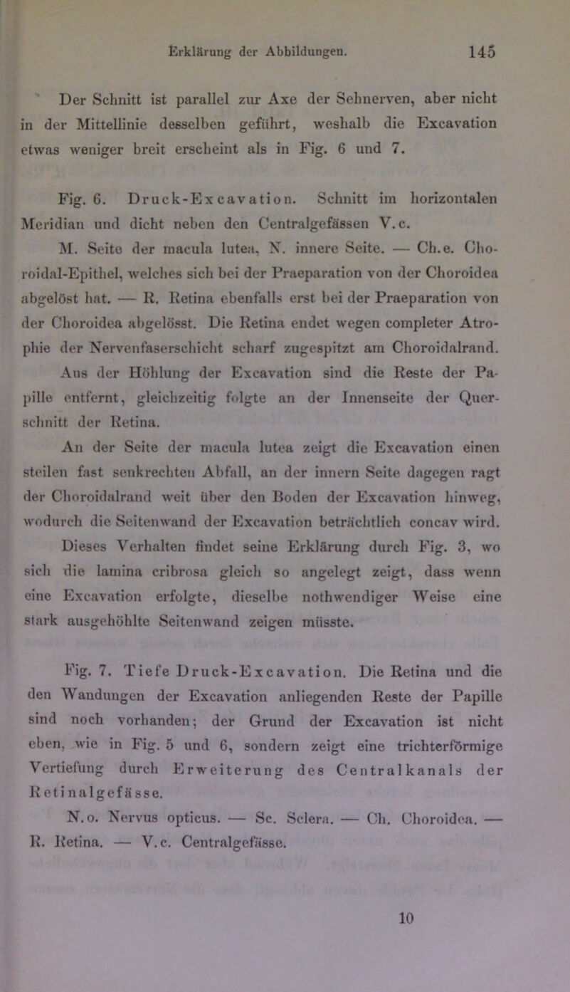' Der Schnitt ist parallel zur Axe der Selmerv'en, aber nicht in der Mittellinie desselben geführt, weshalb die Excavation etwas weniger breit erscheint als in Fig. 6 und 7. Fig. 6. Druck-Ex cavation. Schnitt im horizontalen Meridian nnd dicht neben den Centralgefässen V. c. M. Seite der macula lutea, N, innere Seite. — Ch.e. Cho- roidal-Epithel, welches sich bei der Praeparation von der Choroidea abgelöst hat. — II. Retina ebenfalls erst bei der Praeparation von der Choroidea abgelösst. Die Retina endet wegen completer Atro- phie der Nervenfaserschicht scharf zugespitzt am Choroidalrand. Aus der Höhlung der Excavation sind die Reste der Pa- pille entfernt, gleichzeitig folgte an der Innenseite der Quer- schnitt der Retina. An der Seite der niacula lutea zeigt die Excavation einen steilen fast senkrechten Abfall, an der innern Seite dagegen ragt der Choroidalrand weit Über den Boden der Excavation hinweg, wodurch die Seitenwand der Excavation beträchtlich concav wird. Dieses Verhalten findet seine Erklärung durch Fig. 3, wo sich die lamina cribrosa gleicli so angelegt zeigt, dass wenn eine Excavation erfolgte, dieselbe nothwendiger Weise eine stark ausgehöhlte Seitenwand zeigen müsste. Fig, 7. Tiefe Druck-Excavation, Die Retina und die den Wandungen der Excavation anliegenden Reste der Papille sind noch vorhanden; der Grund der Excavation ist nicht eben, wie in Fig. 5 und 6, sondern zeigt eine trichterförmige Vertiefung durch Erweiterung des Central kanals der Retinalgefässe. N.o. Nervus opticus. — Sc. Sclera. — Ch. Choroidea. — R, Retina. — V. c. Centralgeftissc. 10