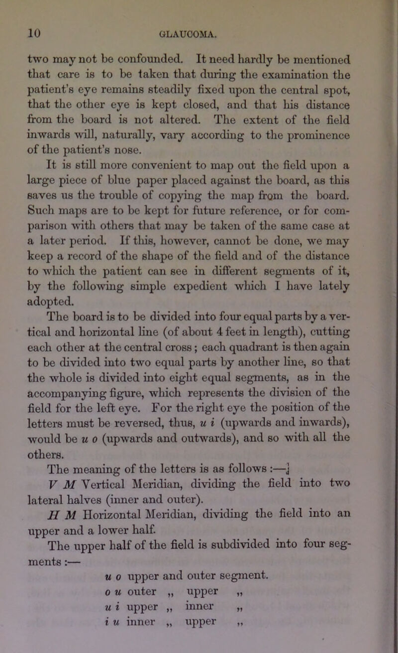 two may not be confounded. It need hardly be mentioned that care is to be taken that during the examination the patient’s eye remains steadily fixed upon the central spot, that the other eye is kept closed, and that his distance fi-om the board is not altered. The extent of the field inwards 'vvill, naturally, vary according to the prominence of the patient’s nose. It is still more convenient to map out the field upon a large piece of blue paper placed against the board, as this saves us the trouble of copying the map from the board. Such maps are to be kept for future reference, or for com- parison vdth others that may be taken of the same case at a later period. If tliis, however, cannot be done, we may keep a record of the shape of the field and of the distance to wliich the patient can see in different segments of it, by the following simple expedient wliich I have lately adopted. The board is to be divided into four equal parts by a ver- tical and horizontal line (of about 4 feet in length), cutting each other at the central cross; each quadrant is then again to be divided into two equal parts by another line, so that the whole is divided into eight equal segments, as in the accompanying figure, which represents the division of the field for the left eye. For the right eye the position of the letters must be reversed, thus, u i (upwards and inwards), would be M 0 (upwards and outwards), and so with all the others. The meaning of the letters is as follows :—j V M Vertical Meridian, dividing the field into two lateral halves (inner and outer). H M Horizontal IMeridian, dividing the field into an upper and a lower half. The upper half of the field is subdivided into four seg- ments :— u 0 upper and outer segment. 0 u outer „ upper „ u i upper „ inner „ I u inner upper