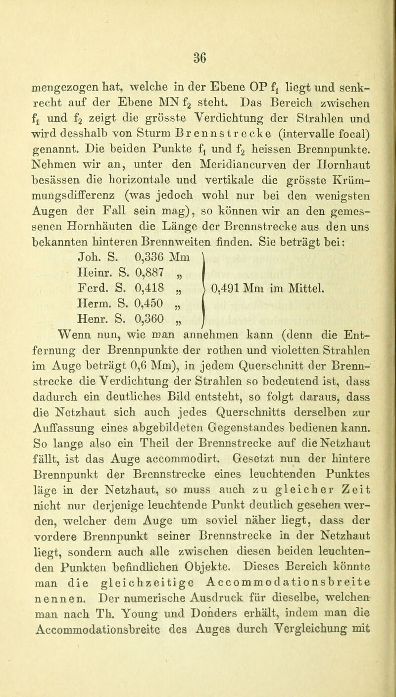 mengezogen hat, welche in der Ebene OP ft liegt und senk- recht auf der Ebene MN f2 steht. Das Bereich zwischen und f2 zeigt die grösste Verdichtung der Strahlen und wird desshalb von Sturm Brenn strecke (intervalle focal) genannt. Die beiden Punkte f\ und f2 heissen Brennpunkte. Nehmen wir an, unter den Meridiancurven der Hornhaut besässen die horizontale und vertikale die grösste Krüm- mungsdifferenz (was jedoch wohl nur bei den wenigsten Augen der Fall sein mag), so können wir an den gemes- senen Hornhäuten die Länge der Brennstrecke aus den uns bekannten hinteren Brennweiten finden. Sie beträgt bei: Joh. S. 0,336 Mm \ Heinr. S. 0,887 „ Ferd. S. 0,418 „ \ 0,491 Mm im Mittel. Herrn. S. 0,450 „ | Henr. S. 0,360 „ ] Wenn nun, wie man annehmen kann (denn die Ent- fernung der Brennpunkte der rothen und violetten Strahlen im Auge beträgt 0,6 Mm), in jedem Querschnitt der Brenn- strecke die Verdichtung der Strahlen so bedeutend ist, dass dadurch ein deutliches Bild entsteht, so folgt daraus, dass die Netzhaut sich auch jedes Querschnitts derselben zur Auffassung eines abgebildeten Gegenstandes bedienen kann. So lange also ein Theil der Brennstrecke auf die Netzhaut fällt, ist das Auge aecommodirt. Gesetzt nun der hintere Brennpunkt der Brennstrecke eines leuchtenden Punktes läge in der Netzhaut, so muss auch zu gleicher Zeit nicht nur derjenige leuchtende Punkt deutlich gesehen wer- den, welcher dem Auge um soviel näher liegt, dass der vordere Brennpunkt seiner Brennstrecke in der Netzhaut liegt, sondern auch alle zwischen diesen beiden leuchten- den Punkten befindlichen Objekte. Dieses Bereich könnte man die gleichzeitige Accommo dationsbr eite nennen. Der numerische Ausdruck für dieselbe, welchen man nach Th. Young und Donders erhält, indem man die Accommodationsbreite des Auges durch Vergleichung mit