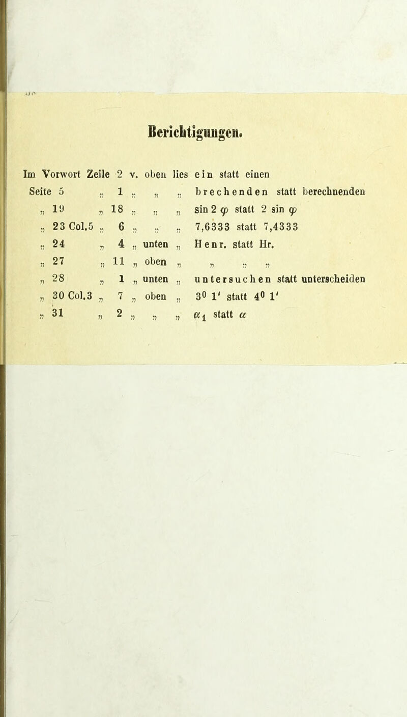 Berichtigungen. Im Vorwort Zeile 2 V. oben lies e i n statt einen Seite 5 77 1 77 n 7? brechenden statt berechnenden „ 19 77 18 77 !) 77 sin 2 <p statt 2 sin cp „ 23 Col.5 77 6 77 » 77 7,6333 statt 7,4333 » 24 n 4 77 unten 77 H e n r. statt Ilr. „ 27 77 11 77 oben 75 n i) n „ 28 7? 1 77 unten 77 untersuchen statt unterscheiden „ 30Col.3 77 7 7) oben 77 3° 1' statt 40 1'