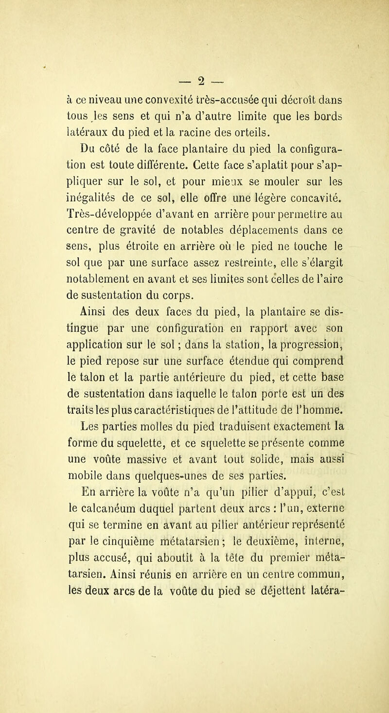 à ce niveau une convexité très-accusée qui décroît dans tous les sens et qui n’a d’autre limite que les bords latéraux du pied et la racine des orteils. Du côté de la face plantaire du pied la configura- tion est toute différente. Cette face s’aplatit pour s’ap- pliquer sur le sol, et pour mieux se mouler sur les inégalités de ce sol, elle offre une légère concavité. Très-développée d’avant en arrière pour permettre au centre de gravité de notables déplacements dans ce sens, plus étroite en arrière où le pied ne touche le sol que par une surface assez restreinte, elle s’élargit notablement en avant et ses limites sont celles de l’aire de sustentation du corps. Ainsi des deux faces du pied, la plantaire se dis- tingue par une configuration en rapport avec son application sur le sol ; dans la station, la progression, le pied repose sur une surface étendue qui comprend le talon et la partie antérieure du pied, et cette base de sustentation dans laquelle le talon porte est un des traits les plus caractéristiques de l’attitude de l’homme. Les parties molles du pied traduisent exactement la forme du squelette, et ce squelette se présente comme une voûte massive et avant tout solide, mais aussi mobile dans quelques-unes de ses parties. En arrière la voûte n’a qu’un pilier d’appui, c’est le calcanéum duquel partent deux arcs : l’un, externe qui se termine en avant au pilier antérieur représenté par le cinquième métatarsien; le deuxième, interne, plus accusé, qui aboutit à la tête du premier méta- tarsien. Ainsi réunis en arrière en un centre commun, les deux arcs de la voûte du pied se déjettent latéra-