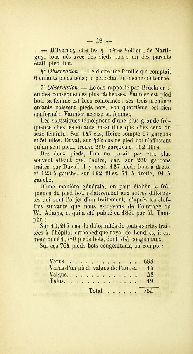 — D’ivernoy cite les 4 frères Vollipn, de Marti- gny, tous nés avec des pieds bots ; un des parents était pied bot. 4e Observation.—Held cite une famille qui comptait 6 enfants pieds bots; le père était lui même contourné. 5e Observation. — Le cas rapporté par Brückner a eu des conséquences plus fâcheuses. Vannier est pied bot, sa femme est bien conformée ; ses trois premiers enfants naissent pieds bots, son quatrième est bien conformé ; Vannier accuse sa femme. Les statistiques témoignent d’une plus grande fré- quence chez les enfants masculins que chez ceux du sexe féminin. Sur 147 cas, Heine compte 97 garçons et 50 filles. Duval, sur 422 cas de pied bot n’affectant qu’un seul pied, trouve 260 garçons et 162 filles. Des deux pieds, l’un ne paraît pas être plus souvent atteint que l’autre, car, sur 260 garçons traités par Duval, il y avait 137 pieds bots à droite et 123 à gauche; sur 162 filles, 71 à droite, 91 à gauche. D’une manière générale, on peut établir la fré- quence du pied bot, relativement aux autres difformi- tés qui sont l’objet d’un traitement, d’après les chif- fres suivants que nous extrayons de l’ouvrage de W. Adams, et qui a été publié en 1851 par M. Tam- plin : Sur 10,217 cas de difformités de toutes sortes trai- tées à l’hôpital orthopédique royal de Londres, il est mentionné 1,780 pieds bots, dont 764 congénitaux. Sur ces 764 pieds bots congénitaux, on compte: Varus 688 Varusd’un pied, valgus de l’autre. 15 Valgus 42 Talus. 19 Total 764