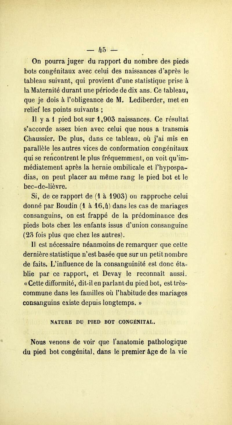 — 65 — On pourra juger du rapport du nombre des pieds bots congénitaux avec celui des naissances d’après le tableau suivant, qui provient d’une statistique prise à la Maternité durant une période de dix ans. Ce tableau, que je dois à l’obligeance de M. Lediberder, met en relief les points suivants ; Il y a 1 pied bot sur 1,903 naissances. Ce résultat s’accorde assez bien avec celui que nous a transmis Chaussier. De plus, dans ce tableau, où j’ai mis en parallèle les autres vices de conformation congénitaux â qui se rencontrent le plus fréquemment, on voit qu’im- médiatement après la hernie ombilicale et l’hypospa- dias, on peut placer au même rang le pied bot et le bec-de-lièvre. Si, de ce rapport de (1 à 1903) on rapproche celui donné par Boudin (1 à 16,6) dans les cas de mariages consanguins, on est frappé de la prédominance des pieds bots chez les enfants issus d’union consanguine (23 fois plus que chez les autres). Il est nécessaire néanmoins de remarquer que cette dernière statistique n’est basée que sur un petit nombre de faits. L’influence de la consanguinité est donc éta- blie par ce rapport, et Devay le reconnaît aussi. «Cette difformité, dit-il en parlant du pied bot, est très- commune dans les familles où l’habitude des mariages consanguins existe depuis longtemps. » NATURE DU PIED BOT CONGÉNITAL. Nous venons de voir que l’anatomie pathologique du pied bot congénital, dans le premier âge de la vie