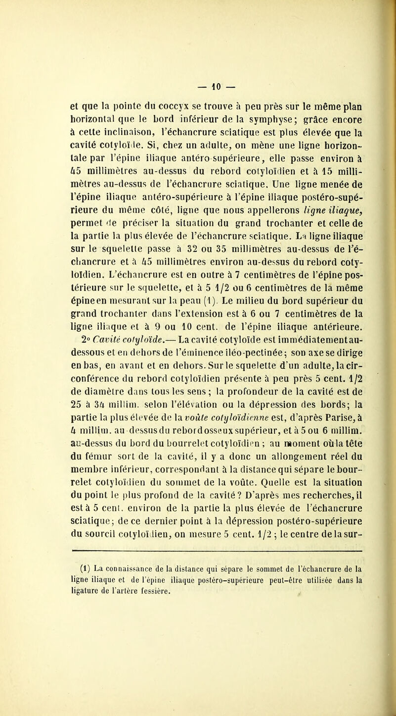 et que la pointe du coccyx se trouve à peu près sur le même plan horizontal que le bord inférieur de la symphyse; grâce encore à celte inclinaison, l’échancrure sciatique est plus élevée que la cavité cotyloïde. Si, chez un adulte, on mène une ligne horizon- tale par l’épine iliaque antéro supérieure, elle passe environ à Zi5 millimètres au-dessus du rebord cotyloïdien et à 15 milli- mètres au-dessus de l’échancrure sciatique. Une ligne menée de l’épine iliaque antéro-supérieure à l’épine iliaque postéro-supé- rieure du même côté, ligne que nous appellerons ligne iliaque, permet de préciser la situation du grand trochanter et celle de la partie la plus élevée de l’échancrure sciatique. Lh ligne iliaque sur le squelette passe à 32 ou 35 millimètres au-dessus de l’é- chancrure et à h5 millimètres environ au-dessus du rebord coty- loïdien. L’échancrure est en outre à 7 centimètres de l’épine pos- térieure sur le squelette, et à 5 1/2 ou 6 centimètres de la même épine en mesurant sur la peau (1). Le milieu du bord supérieur du grand trochanter dans l’extension est à 6 ou 7 centimètres de la ligne iliaque et à 9 ou 10 cent, de l’épine iliaque antérieure. 2° Cavité cotyloïde.— La cavité cotyloïde est immédiatementau- dessous et en dehors de l’éminence iléo-pectinée ; son axe se dirige en bas, en avant et en dehors. Sur le squelette d'un adulte, la cir- conférence du rebord cotyloïdien présente à peu près 5 cent. 1/2 de diamètre dans tous les sens ; la profondeur de la cavité est de 25 à 3ü millim. selon l’élévation ou la dépression des bords; la partie la plus élevée de la voûte cotyloïdienne est, d’après Parise, à U millim.au dessusdu rebordosseuxsupérieur, et à 5 ou 6 millim. au-dessus du bord du bourrelet cotyloïdien ; au moment oùlatête du fémur sort de la cavité, il y a donc un allongement réel du membre inférieur, correspondant à la distance qui sépare le bour- relet cotyloïdien du sommet de la voûte. Quelle est la situation du point le plus profond de la cavité? D’après mes recherches,il est à 5 cent, environ de la partie la plus élevée de l’échancrure sciatique; de ce dernier point à la dépression postéro-supérieure du sourcil cotyloïdien, on mesure 5 cent. 1/2 ; le centre delasur- (1) La connaissance de la distance qui sépare le sommet de l’échancrure de la ligne iliaque et de l’épine iliaque postéro-supérieure peut-être utilisée dans la ligature de l’artère fessière.