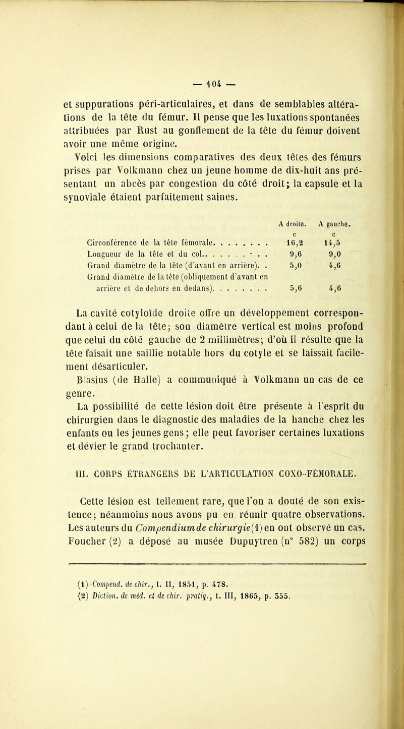 et suppurations péri-articulaires, et dans de semblables altéra- tions de la tête du fémur. Il pense que les luxations spontanées attribuées par Rust au gonflement de la tête du fémur doivent avoir une même origine. Voici les dimensions comparatives des deux têtes des fémurs prises par Yolkmann chez un jeune homme de dix-huit ans pré- sentant un abcès par congestion du côté droit; la capsule et la synoviale étaient parfaitement saines. A droite. A gauche. c c Circonférence de la tête fémorale 16,2 14,5 Longueur de la tête et du col • . . 9,6 9,0 Grand diamètre de la tête (d’avant en arrière). . 5,0 4,6 Grand diamètre de la tête (obliquement d’avant en arrière et de dehors en dedans) 5,6 4,6 La cavité cotyloïde droite offre un développement correspon- dant à celui delà tête; son diamètre vertical est moins profond que celui du côté gauche de 2 millimètres; d’où il résulte que la tête faisait une saillie notable hors du cotyle et se laissait facile- ment désarticuler. B asius (de Halle) a communiqué à Volkmann un cas de ce genre. La possibilité de cette lésion doit être présente à l’esprit du chirurgien dans le diagnostic des maladies de la hanche chez les enfants ou les jeunes gens; elle peut favoriser certaines luxations et dévier le grand trochanter. III. CORPS ÉTRANGERS DE L'ARTICULATION COXO-FÉMORALE. Cette lésion est tellement rare, que l’on a douté de son exis- tence; néanmoins nous avons pu en réunir quatre observations. Les auteurs du Compendiumde chirurgie(l) en ont observé un cas. Loucher (2) a déposé au musée Dupuytren (n° 582) un corps (1) Compend. dechir., t. II, 1851, p. 478. (2) Diction, de méd. et dechir. pratiq., t. III, 1865, p. 555.