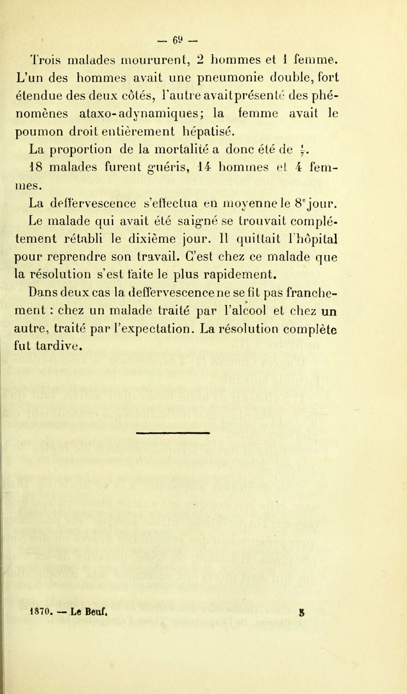 Trois malades moururent, 2 hommes et 1 femme. L’un des hommes avait une pneumonie double, fort étendue des deux côtés, l’autre avait présenté des phé- nomènes ataxo-adynamiques; la femme avait le poumon droit entièrement hépatisé. La proportion de la mortalité a donc été de f. 18 malades furent gméris, 14 hommes et 4 fem- mes. La deffervescence s’eflectua on moyenne le 8”jour. Le malade qui avait été saig’né se trouvait complè- tement rétabli le dixième jour. 11 quittait l'hôpital pour reprendre son travail. C’est chez ce malade que la résolution s’est faite le plus rapidement. Dans deux cas la deffervescence ne se fit pas franche- ment : chez un malade traité par l’alcool et chez un autre, traité par l’expectation. La résolution complète fut tardive. 1870. — Le Beuf, S