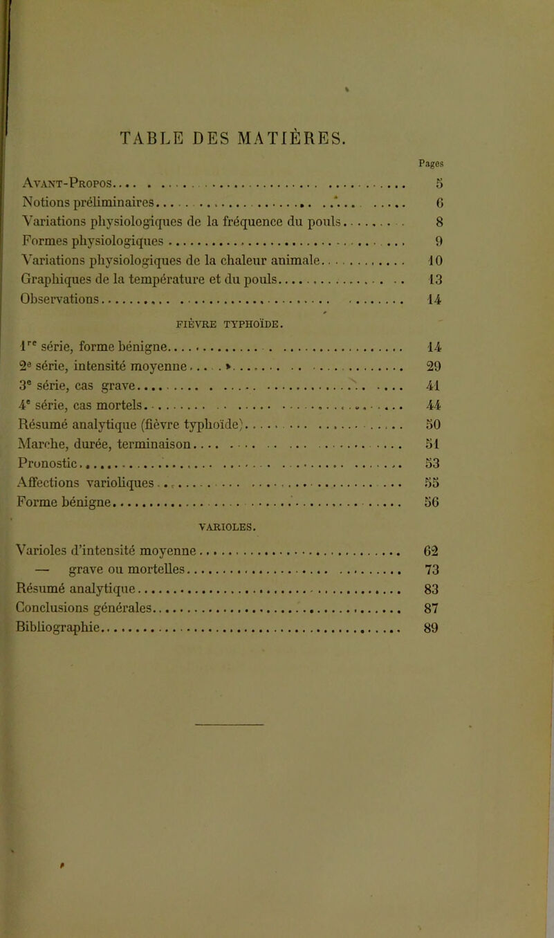 TABLE DES MATIÈRES. Avant-Propos Notions préliminaires..... *... Variations physiologiques de la fréquence du pouls Formes physiologiques Variations physiologiques de la chaleur animale Graphiques de la température et du pouls. Observations FIÈVRE TYPHOÏDE. lre série, forme bénigne 2e série, intensité moyenne.... » 3e série, cas grave 4e série, cas mortels Résumé analytique (fièvre typhoïde) Marche, durée, terminaison Pronostic Affections varioliques Forme bénigne VARIOLES. Varioles d’intensité moyenne — grave ou mortelles Résumé analytique Conclusions générales Bibliographie Pages 5 6 8 9 10 13 14 14 29 41 44 30 51 53 55 56 62 73 83 87 89 P