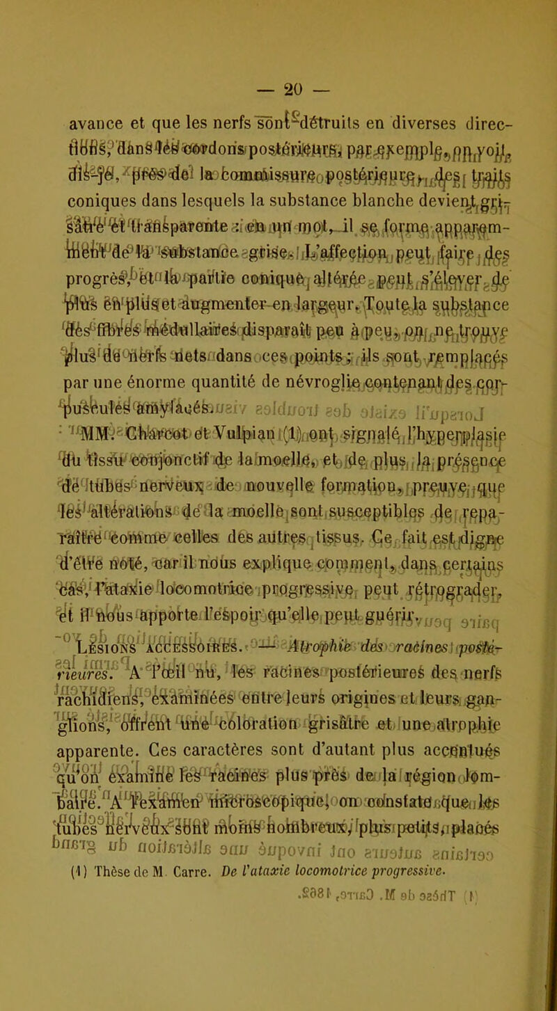 avance et que les nerfs’^nt^étruits en diverses direc- t1Bfi^?Bân§îéè«[)<rdorisiposjlfiriiieHmi cfU^ïél,^flfié>é>a(ïô'l la;baoua!itissuriÇoP9§fcMj^pc^hiÿ^ coniques dans lesquels la substance blanche devier^gij^;i ^tl-àttèp<aTeote aiÆiirpoit^J1, ^,e, i^bsiaii^ftïgiîi^eiifil^’^feçlfqj^ [f|iijçf: progrès^Abl^l^'^'Payiïe ooniquè-qJ^ï^gj>^jq>^j^;^l^^çfg^ êiV^lil^et4ugnient6r-en 'la[^^urfc(I^p,utp.J^a ^p^^^t^pce ^ffès^fibï^B#Wiéd«llaiâfeé(]cüspaTaîl! peu ‘^luâftia'-’ribrfe îdet8i'danavee&(poigt» ÿf^^s gont)-/jçmpj^pp^ par une énorme quantité de névrogl^ e(^t)Çnab^(jdp§.jC}pJ^ ^uèléuléB'Ôïftyi'âuéfejugiy aolduoij 8ob oiaiza îi'npa’ioJ : 'i^MM^^8iGblâvc^.e!l-Vuipian!(;lj>iqp|>.sÿgn^^^ ^tib ‘tls^ 'cetijénctif ajp laimoejj.ew ptj|^fj.p]qS|||g,pr^^gneje '^idë‘lttibds''nert9eüî5 ..de inouvelle forjpatÎPD,,{,pr.qitji,yjÇjjq,up ‘ïëé*^àlt4ralibbSJ de'larmôellêjSQntiSuaçeptiblqs .4q[,|’pp^,- ra'îl?rë“éoŸbme «elles dès aütresi j tiçsus, Gej>fait esit |djgji^ ti’élVe nblé, bar il nôùs explique cpn?p7ie^l^ daqg per^qji^^qs ‘bé’sVi%a(î^i©Bo’eomolriQejpi;qgress^^^^ pçgt ,^tri9^^ajdg}’j, ibb^^/ùsibppoHe:Uéfepop*:(pi’elle.pppt.gpéf^^^^ ^ tiêsioWs^^Bêèyôi-iîÉfé.rO^^ rfe^ ipos^r- nei/ml^\‘4’ébll nb^ faèinès.'postéitieuTeé dea nerfè fecfiiâièriér^^^àfemées' entre leurè origines et lèura;g.aA- ^^ons^J'èŸlv'ébt Wè-^61bratioa 'gnsàlte et. une.a'irppipe apparente. Ces caractères sont d’autant plus accentués qu*on| è^aln^Wè'Feë^i‘acâ'n'es plus iprè'à' denlafiégionolom- iifi^b$«e|)iqîteii>0n)'odnstate/4ue(iks 't^uiies^llêiVêéx^éBfii^ iftbSlb^bohlibrêp»^' fpbisi petijtap planés bns’ig nb noi.Js'iàJlB eau èupovni Jno ainaJuc ^^nifij-iso (1) Thèse de M. Carre. De l'ataxie locomotrice progressive. .S98I' fOTicO .M 9b oaôfIT ('