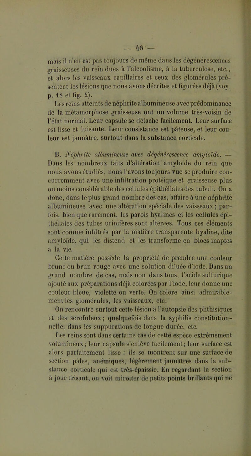 mais il n’en est pas toujours de même dans les dégénérescences graisseuses du rein dues à l’alcoolisme, à la tuberculose, etc., et alors les vaisseaux capillaires et ceux des glomérules pré- sentent les lésions que nous avons décrites et figurées déjà (voy. p. 18 et fi g. U). Les reins atteints de néphrite albumineuse avec prédominance de la métamorphose graisseuse ont un volume très-voisin de l’état normal. Leur capsule se détache facilement. Leur surface est lisse et luisante. Leur consistance est pâteuse, et leur cou- leur est jaunâtre, surtout dans la substance corticale. B. Néphrite albumineuse avec dégénérescence amyloïde. — Dans les nombreux faits d’altération amyloïde du rein que nous avons étudiés, nous l’avons toujours vue se produire con- curremment avec une infiltration protéique et graisseuse plus ou moins considérable des cellules épithéliales des tubuli. On a donc, dans le plus grand nombre des cas, affaire à une néphrite albumineuse avec une altération spéciale des vaisseaux ; par- fois, bien que rarement, les parois hyalines et les cellules épi- théliales des tubes urinifères sont altérées. Tous ces éléments sont comme infiltrés par la matière transparente hyaline, dite amyloïde, qui les distend et les transforme en blocs inaptes à la vie. Cette matière possède la propriété de prendre une couleur brune ou brun rouge avec une solution diluée d’iode. Dans un grand nombre de cas, mais non dans tous, l’acide sulfurique ajouté aux préparations déjà colorées par l’iode, leur donne une couleur bleue, violette ou verte. On colore ainsi admirable- ment les glomérules, les vaisseaux, etc. On rencontre surtout cette lésion à l’autopsie des phthisiques et des scrofuleux; quelquefois dans la syphilis constitution- nelle, dans les suppurations de longue durée, etc. Les reins sont dans certains cas de cette espèce extrêmement volumineux; leur capsule s’enlève facilement; leur surface est alors parfaitement lisse : ils se montrent sur une surface de section pâles, anémiques, légèrement jaunâtres dans la sub- stance corticale qui est très-épaissie. En regardant la section à jour frisant, on voit miroiter de petits points brillants qui ne