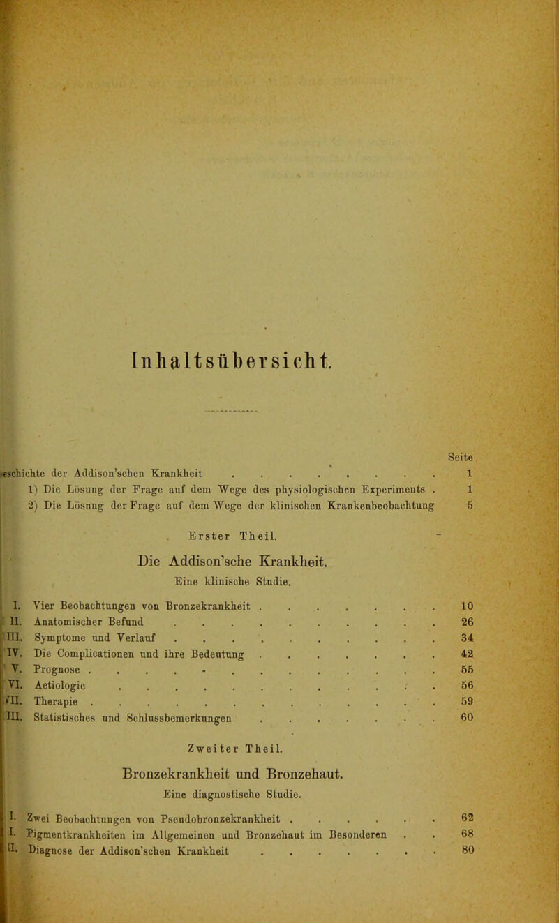 Inhaltsübersicht. ■eschichte der Addison’schen Krankheit 1) Die Lösung der Frage auf dem Wege des physiologischen Experiments . 1 2) Die Lösnng der Frage auf dem Wege der klinischen Krankenbeobachtung 5 Erster Theil. Die Addison’sche Krankheit. Eine klinische Studie. I. Vier Beobachtungen von Bronzekrankheit ....... 10 . II. Anatomischer Befund .......... 26 , III. Symptome und Verlauf .......... 34 IV. Die Complicationen und ihre Bedeutung ....... 42 V. Prognose ............. 55 VI. Aetiologie ............ 56 HI. Therapie 59 III. Statistisches und Schlussbemerkungen ....... 60 Zweiter Theil. Bronzekrankheit und Bronzehaut. Eine diagnostische Studie. h Zwei Beobachtungen von Pseudobronzekrankheit 62 k Pigmentkrankheiten im Allgemeinen und Bronzehaut im Besonderen . . 68 11- Diagnose der Addison’schen Krankheit 80 Seite 1