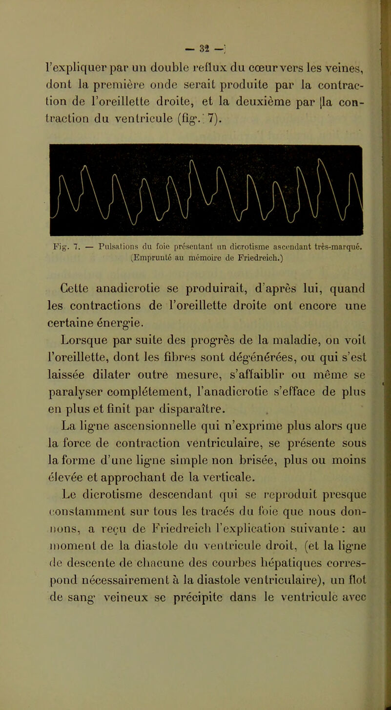 l’expliquer par un double reflux du cœur vers les veines, dont la première oncle serait produite par la contrac- tion de l’oreillette droite, et la deuxième par [la con- traction du ventricule (figv 7). Fig. 7. — Ptilsalions du foie présentant un dicrotisme ascendant très-marqué. (Empruuté au mémoire de Friedreich.) Cette anadicrotie se produirait, d'après lui, quand les contractions de l’oreillette droite ont encore une certaine énergie. Lorsque par suite des progrès de la maladie, on voit l’oreillette, dont les fibres sont dégénérées, ou qui s’est laissée dilater outre mesure, s’affaiblir ou même se paralyser complètement, l’anaclicrotie s’efface de plus en plus et finit par disparaître. La ligne ascensionnelle qui n’exprime plus alors que la force de contraction ventriculaire, se présente sous la forme d’une ligne simple non brisée, plus ou moins élevée et approchant de la verticale. Le dicrotisme descendant qui se reproduit presque constamment sur tous les tracés du foie que nous don- nons, a reçu de Friedreich l’explication suivante : au moment de la diastole du ventricule droit, (et la ligne de descente de chacune des courbes hépatiques corres- pond nécessairement à la diastole ventriculaire), un flot de sang veineux se précipite dans le ventricule avec