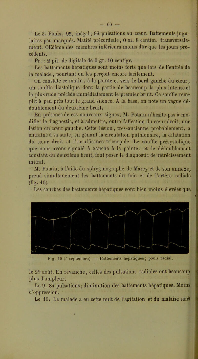 Le 3. Pouls, 92, inégal; 92 pulsations au cœur. Battements jugu- laires peu marqués. Matité précordiale, 0 m. 8 centim. transversale- ment. OEdème des membres inférieurs moins dûr que les jours pré- cédents. Pr. : 2 pii. de digitale de 0 gr. 10 centigr. Les battements hépatiques sont moins forts que lors de l’entrée de la malade, pourtant on les perçoit encore facilement. On constate ce matin, à la pointe et vers le bord gauche du cœur, un souffle diastolique dont la partie de beaucoup la plus intense et la plus rude précède immédiatement le premier bruit. Ce souffle rem- plit à peu près tout le grand silence. A la base, on note un vague dé- doublement du deuxième bruit. En présence de ces nouveaux signes, M. Potain n’hésite pas à mo- difier le diagnostic, et à admettre, outre l’affection du cœur droit, une lésion du cœur gauche. Cette lésion, très-ancienne probablement, a entraîné à sa suite, en gênant la circulation pulmonaire, la dilatation du cœur droit et l’insuffisance tricuspide. Le souffle présystolique que nous avons signalé à gauche à la pointe, et le dédoublement constant du deuxième bruit, fout poser le diagnostic de rétrécissement mitral. M. Potain, à l’aide du sphygmographe de Marey et de son annexe, prend simultanément les battements du foie et de l’artère radiale (fig- 10). Les courbes des battements hépatiques sont bien moins élevées que Fig’. 10 (5 septembre). — Battements hépatiques; pouls radial. le 29 août. En revanche, celles des pulsations radiales ont beaucoup plus d’ampleur. Le 9. 84 pulsations; diminution des battements hépatiques. Moins d’oppression. Le 10. La malade a eu cette nuit de l’agitation et du malaise sans