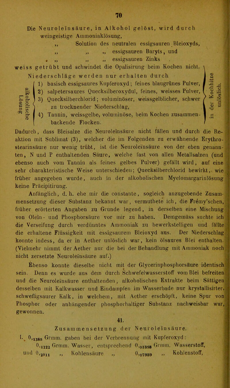 I I 2) tr o l o\ O-. £T 1 o) <2 o ' ' a SS aq s- | 4) n> i ' <u S3 § Ä o « 0) X5 :0 a Die NeurOleinsäure, in Alkohol gelöst, wird durch weingeistige Ammoniaklösung, „ Solution des neutralen essigsauren Bleioxyds, „ „ „ essigsauren Baryts, und t „ ,, ,, essigsauren Zinks weiss getrübt und schwindet die Opalisirung beim Kochen nicht. Niederschläge werden nur erhalten durch 1) basisch essigsaures Kupferoxyd; feines blaugrünes Pulver, salpetersaures Quecksilberoxydul, feines, weisses Pulver, Quecksilberchlorid; voluminöser, weissgelblicher, schwer zu trocknender Niederschlag, Tannin, weissgelbe, voluminöse, beim Kochen zusammen- backende Flocken. Dadurch, dass Bleisalze die Neurole'insäure nicht fällen und durch die Re- aktion mit Sublimat (3), welcher die im Folgenden zu erwähnende Erythro- stearinsäure nur wenig trübt, ist die Neurolei'nsäure von der eben genann- ten, N und P enthaltenden Säure, welche fast von allen Metallsalzen (und ebenso auch vom Tannin als feines gelbes Pulver) gefällt wird, auf eine sehr charakteristische Weise unterschieden; Quecksilberchlorid bewirkt, wie früher angegeben wurde, auch in der alkoholischen MyelomargarinlÖsung keine Präcipitirung. Anfänglich, d. h. ehe mir die constante, sogleich anzugebende Zusam- mensetzung dieser Substanz bekannt war, vermuthete ich, die Fremy’schen, früher erörterten Angaben zu Grunde legend, in derselben eine Mischung von Olein - und Phosphorsäure vor mir zu haben. Demgemäss suchte ich die Verseifung durch verdünntes Ammoniak zu bewerkstelligen und fällte die erhaltene Flüssigkeit mit essigsaurem Bleioxyd aus. Der Niederschlag konnte indess, da er in Aether unlöslich war, kein Ölsaures Blei enthalten. (Vielmehr nimmt der Aether nur die bei der Behandlung mit Ammoniak noch nicht zersetzte Neurolei'nsäure auf.) Ebenso konnte dieselbe nicht mit der Glycerinphosphorsäure identisch sein. Denn es wurde aus dem durch Schwefelwasserstoff vom Blei befreiten und die Neurolei'nsäure enthaltenden, alkoholischen Extrakte beim Sättigen desselben mit Kalkwasser und Eindampfen im Wasserbade nur krystallisirter, schwefligsaurer Kalk, in welchem, mit Aether erschöpft, keine Spur von Phosphor oder anhängender phosphorhaltiger Substanz nachweisbar war, gewonnen. 41. Zusammensetzung der Neurole'insäure. I., 0,1388 Grmm. gaben bei der Verbrennung mit Kupferoxyd: 0>i222 Grmm. Wasser, entsprechend 0,OJ3S8 Grmm. Wasserstoff, und 0,2„u ,, Kohlensäure ,, 0,o7939 >> Kohlenstoff,