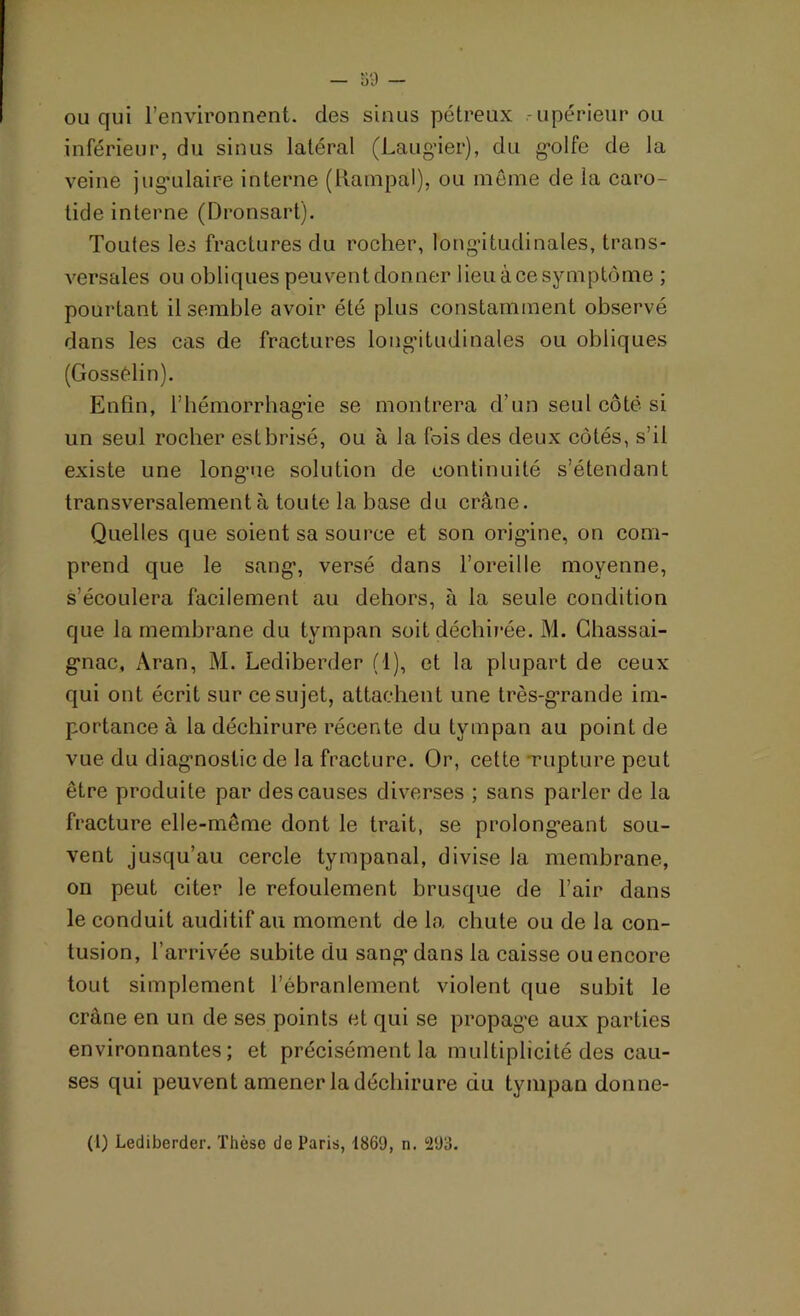 ou qui l’environnent, des sinus pétreux -upérieurou inférieur, du sinus latéral (Laugier), du golfe de la veine jugulaire interne (Rampai), ou môme de la caro- tide interne (Dronsart). Toutes les fractures du rocher, longitudinales, trans- versales ou obliques peuvent donner lieu à ce symptôme ; pourtant il semble avoir été plus constamment observé dans les cas de fractures longitudinales ou obliques (Gosselin). Enfin, l'hémorrhagie se montrera d’un seul côté si un seul rocher est brisé, ou à la fois des deux côtés, s’il existe une long’ue solution de continuité s’étendant transversalement à toute la base du crâne. Quelles que soient sa source et son origine, on com- prend que le sang, versé dans l’oreille moyenne, s’écoulera facilement au dehors, à la seule condition que la membrane du tympan soit déchirée. M. Ghassai- gnac, Aran, M. Lediberder (1), et la plupart de ceux qui ont écrit sur ce sujet, attachent une très-g’rande im- portance à la déchirure récente du tympan au point de vue du diagnostic de la fracture. Or, cette -rupture peut être produite par des causes diverses ; sans parler de la fracture elle-même dont le trait, se prolongeant sou- vent jusqu’au cercle tympanal, divise la membrane, on peut citer le refoulement brusque de l’air dans le conduit auditif au moment de la chute ou de la con- tusion, l’arrivée subite du sang dans la caisse ou encore tout simplement l’ébranlement violent que subit le crâne en un de ses points et qui se propage aux parties environnantes; et précisément la multiplicité des cau- ses qui peuvent amener la déchirure du tympan donne- (l) Lediberder. Thèse de Paris, 1869, n. 293.