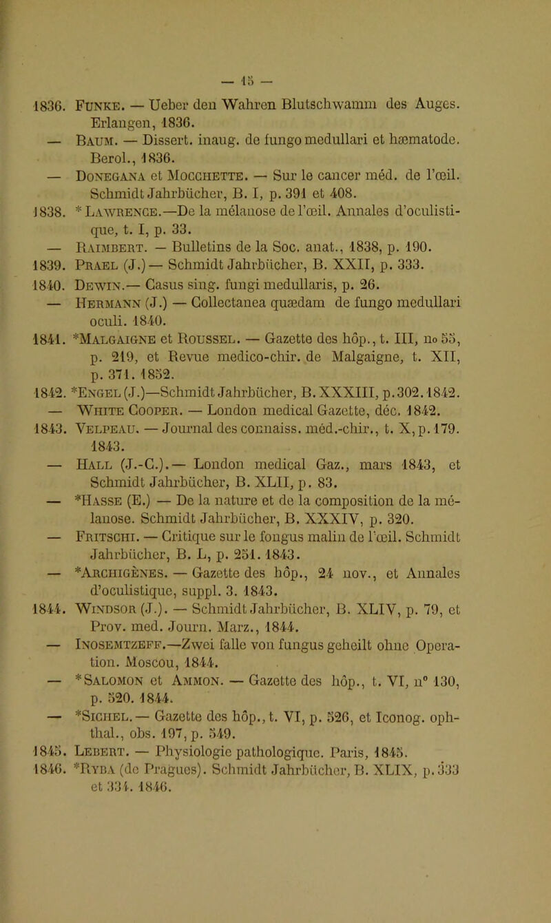 1836. Funke. — Ueber den Wahren Blutschwamm des Auges. Erlangen, 1836. — Baum. — Dissert, inaug. de lungo modullari et hæmatode. Berol., 1836. — Donegana et Mocchette. — Sur le cancer méd. de l’œil. Schmidt Jahrbücher, B. I, p. 391 et 408. J 838. * Lawrence.—De la mélauose de l’œil. Annales d’oculisti- que, t. I, p. 33. — Raimbert. — Bulletins de la Soc. anat., 1838, p. 190. 1839. Prael (J.)— Schmidt Jahrbücher, B. XXII, p. 333. 1840. Dewin.— Casus sing. fungi medullaris, p. 26. — Hermann (J.) — Gollectanea quædam de fungo medullari oculi. 1840. 1841. *Malgaigne et Roussel. — Gazette des hôp., t. III, no 53, p. 219, et Revue medico-chir. de Malgaigne, t. XII, p. 371. 1832. 1842. *Engel(J.)—Schmidt Jahrbücher, B. XXXIII, p. 302.1842. — White Cooper. — London medical Gazette, déc. 1842. 1843. Velpeau. — Journal des connaiss. môd.-chir., t. X,p. 179. 1843. — Hall (J.-C.).— London medical Gaz., mars 1843, et Schmidt Jahrbücher, B. XLII, p. 83. — *Hasse (E.) — De la nature et de la composition de la mé- lanose. Schmidt Jahrbücher, B. XXXIV, p. 320. — Fritschi. — Critique sur le fongus malin de l’œil. Schmidt Jahrbücher, B. L, p. 251.1843. — *Arciiigènes. — Gazette des hôp., 24 nov., et Annales d’oculistique, suppl. 3. 1843. 1844. Windsor (J.). — Schmidt Jahrbücher, B. XLIV, p. 79, et Prov. med. Journ. Marz., 1844. — Inosemtzeff.—Zwei falle von fungus geheilt ohne Opera- tion. Moscou, 1844. — * Salomon et Ammon. — Gazette des hôp., t. VI, n° 130, p. 320. 1844. — *Sichel.— Gazette des hôp., t. VI, p. 326, et Iconog. oph- thal., obs. 197, p. 349. 1845. Lebert. — Physiologie pathologique. Paris, 1845. 1846. *Ryba (de Pragues). Schmidt Jahrbücher, B. XLIX, p.333 et 334. 1846.