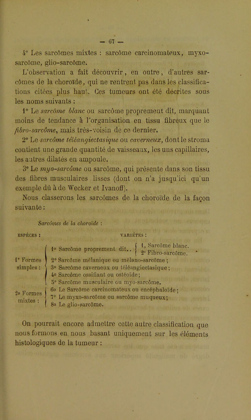 (37 — 4° Les sarcômes mixtes : sarcôme carcinomateux, myxo- sarcôme, glio-sarcôme. L’observation a fait découvrir, en outre, d’autres sar- cômes de la choroïde, qui ne rentrent pas dans les classifica- tions citées plus haut. Ges tumeurs ont été décrites sous les noms suivants : 1° L& sarcome blanc ou sarcôme proprement dit, marquant moins de tendance à l’organisation en tissu fibreux que le ftbro-sarcôme, mais très-voisin de ce dernier. 2° Le sarcôme téléangiectasique ou caverneux, dont le stroma contient une grande quantité de vaisseaux, les uns capillaires, les antres dilatés en ampoule. 3° Le myo-sarcume ou sarcôme, qui présente dans son tissu des fibres musculaires lisses (dont on n’a jusqu'ici qu’un exemple dû à de Wecker et Ivanofl). Nous classerons les sarcomes de la choroïde de la façon suivante : Sarcomes de la choroïde : espèces : variétés : 1° Formes simples : io Formes mixtes : 10 Sarcôme blanc. 2° Fibro-sarcôme. 1° Sarcôme proprement dit.. 2° Sarcôme mélanique ou mélano-sarcôme ; 3° Sarcôme caverneux ou téléangiectasique; 4° Sarcôme ossifiant ou ostéoïde; 5° Sarcôme musculaire ou myo-sarcôme. ( 6o Le Sarcôme carcinomateux ou encépbaloïdc ; | 7° Le myxo-sarcôme ou sarcôme muqueux; ( 8o Le glio-sarcôme. On pourrait encore admettre cette autre classification que nous formons en nous basant uniquement sur les éléments histologiques de la tumeur ;