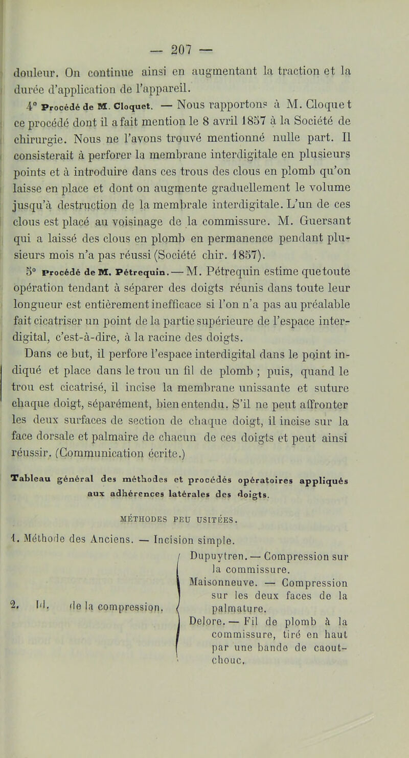 douleur. On continue ainsi en augmentant la traction et la durée d’application de l’appareil. 4° Procédé de m. cioquet. — Nous rapportons à M. Cloque t ce procédé dont il a fait mention le 8 avril 1837 à la Société de chirurgie. Nous ne l’avons trouvé mentionné nulle part. Il consisterait à perforer la membrane interdigitale en plusieurs points et à introduire dans ces trous des clous en plomb qu’on laisse en place et dont on augmente graduellement le volume jusqu’à destruction de la membrale interdigitale. L’un de ces clous est placé au voisinage de la commissure. M. Guersant qui a laissé des clous en plomb en permanence pendant plu- sieurs mois n’a pas réussi (Société cliir. 1857). 5° procédé de m. Pétrequin. — M. Pétrequin estime quetoute opération tendant à séparer des doigts réunis dans toute leur longueur est entièrement inefficace si l’on n’a pas au préalable fait cicatriser un point de la partie supérieure de l’espace inter- digital, c’est-à-dire, à la racine des doigts. Dans ce but, il perfore l’espace interdigital dans le point in- diqué et place dans le trou un fil de plomb ; puis, quand le trou est cicatrisé, il incise la membrane unissante et suture chaque doigt, séparément, bien entendu. S’il ne peut affronter les deux surfaces de section de chaque doigt, il incise sur la face dorsale et palmaire de chacun de ces doigts et peut ainsi réussir. (Communication écrite.) Tableau général des méthodes et procédés opératoires appliqués aux adhérences latérales des doigts. MÉTHODES PEU USITÉES. t. Méthode des Anciens. — Incision simple. Dupuytren. — Compression sur la commissure. Maisonneuve. — Compression sur les deux faces de la palmature. Delore.— Fil de plomb il la commissure, tiré en haut par une bande de caout- chouc, 9- ld. de la compression.