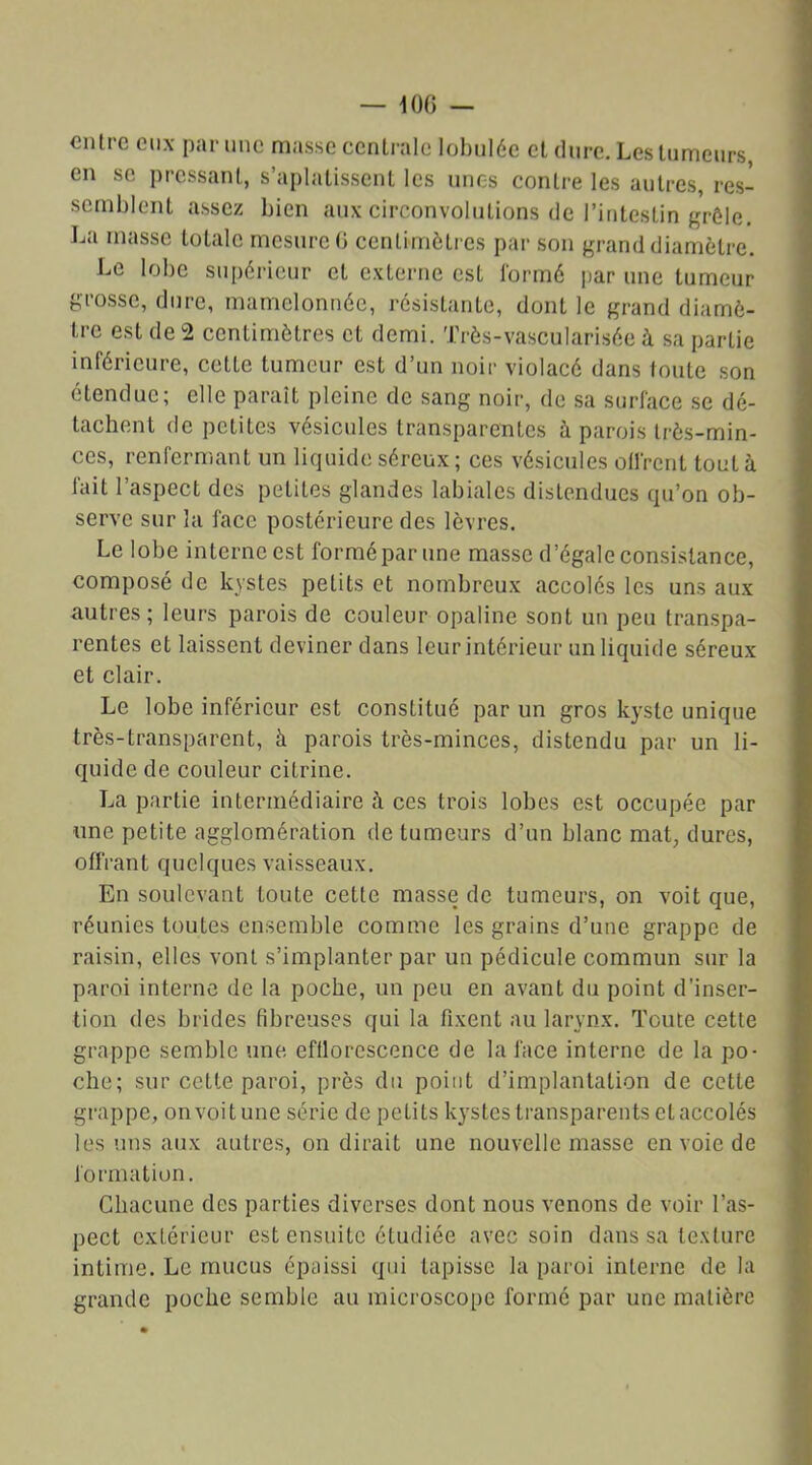 entre eux par une masse centrale lobulée et dure. Les tumeurs, en se pressant, s’aplatissent les unes contre les autres, res- semblent assez bien aux circonvolutions de l’intestin grêle. La masse Lotalc mesure G centimètres par son grand diamètre. Le lobe supérieur et externe est formé par une tumeur grosse, dure, mamelonnée, résistante, dont le grand diamè- tre est de 2 centimètres et demi. Très-vascularisée à sa partie inférieure, cette tumeur est d’un noir violacé dans toute son étendue; elle paraît pleine de sang noir, de sa surface se dé- tachent de petites vésicules transparentes à parois très-min- ces, renfermant un liquide séreux ; ces vésicules ollrcnt tout à fait l’aspect des petites glandes labiales distendues qu’on ob- serve sur la face postérieure des lèvres. Le lobe interne est formé par une masse d’égale consistance, composé de kystes petits et nombreux accolés les uns aux autres; leurs parois de couleur opaline sont un peu transpa- rentes et laissent deviner dans leur intérieur un liquide séreux et clair. Le lobe inférieur est constitué par un gros kyste unique très-transparent, à parois très-minces, distendu par un li- quide de couleur cilrine. La partie intermédiaire à ces trois lobes est occupée par une petite agglomération de tumeurs d’un blanc mat, dures, offrant quelques vaisseaux. En soulevant toute cette masse de tumeurs, on voit que, réunies toutes ensemble comme les grains d’une grappe de raisin, elles vont s’implanter par un pédicule commun sur la paroi interne de la poche, un peu en avant du point d'inser- tion des brides fibreuses qui la fixent au larynx. Toute cette grappe semble une efflorescence de la face interne de la po- che; sur cette paroi, près du point d’implantation de cette grappe, onvoitune série de petits kystes transparents et accolés les uns aux autres, on dirait une nouvelle masse en voie de formation. Chacune des parties diverses dont nous venons de voir l’as- pect extérieur est ensuite étudiée avec soin dans sa texture intime. Le mucus épaissi qui tapisse la paroi interne de la grande poche semble au microscope formé par une matière