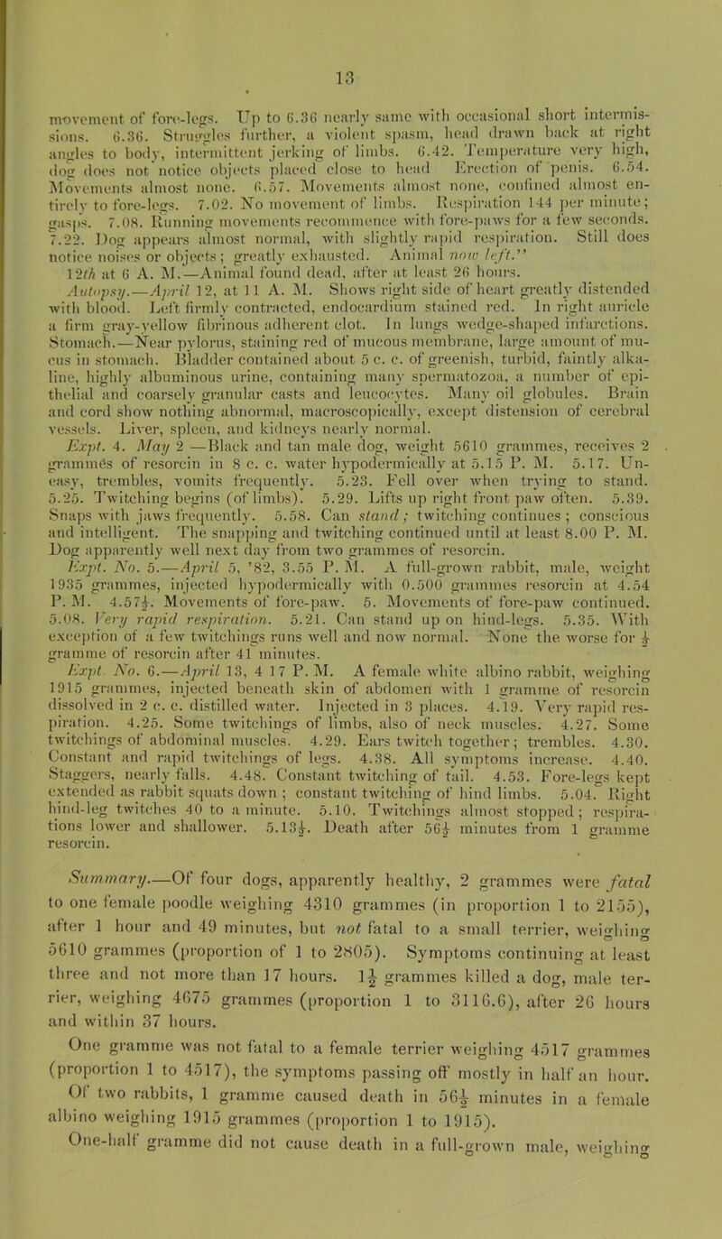 nwvcnipiit of foro-logs. Up to G.36 nearly same with oeeasioiial short intermis- sions. i).3U. Stnu'jxles further, a violent sj)asm, head drawn baek at right antrles to body, intermittent jerking of limbs. G.42. Temperature very high, doii does not notiee objeets plaeed close to head Erection of ])cnis. G.54. ^lovements almost none. G.57. jMovements almost none, confined almost en- tirely to fore-less. 7.02. No movement of limbs. Kespiration 144 per minute; gas|is. 7.08. Running movements recommence with fore-paws for a few seconds. 7.22. Dog appears almost normal, with slightly ra])id respiration. Still does notice noisi's or objects; greatly e.xhaustcd. iVnimal nmo left. 12M at G A. M.—Animal found dead, after at least 2G hours. Autopsy.—April 12, at 11 A. M. Shows right side of heart gi-eatly distended with blood. Left firmly contracted, endocardium stained red. In right auricle a firm <rray-yellow filirinous adherent clot. In lungs wedge-shaped infarctions. Stomach.—Near pylorus, staining red of mucous membrane, large amount of mu- cus in stomach. Bladder contained about 5 c. c. of greenish, turbid, faintly alka- line, highly albuminous urine, containing many spermatozoa, a number of epi- thelial and coarsely granular casts and leucocytes. Many oil globules. Brain and cord show nothing abnormal, macroscopieally, except distension of cerebral vessels. Liver, spleen, and kidneys nearly normal. Expt. 4. May 2 —Black and tan male dog, weight 5G10 grammes, receives 2 grammes of resorcin in 8 e. c. water hypodermically at 5.1.5 B. M. 5.17. Un- ea.sy, trembles, vomits frequently. 5.23. Fell over when trying to stand. 5.25. Twitching begins (of limbs). 5.29. Lifts up right front paw often. 5.39. Snaps with jaws frequently. 5.58. Can stand; twitching continues ; conscious and intelligent. The snapping and twitching continued until at least 8.00 P. M. Dog apparently well next day from two grammes of resorcin. ICxpt. No. 5.—April 5, ’82, 3.55 P. AI. A full-grown rabbit, male, weight 1935 grammes, injecteil hypodermically with 0.500 grammes resorcin at 4.54 P. M. 4.57^. Movements of fore-paw. 5. Movements of fore-paw continued. 5.08. Very rapid respiration. 5.21. Can stand up on hind-legs. 5.35. With excejition of a few twitchings runs well and now normal. None the worse for di- gram me of resorcin after 41 minutes. Expt. No. G.—April 13, 4 17 P. M. A female white albino rabbit, weighing 1915 grammes, injected beneath skin of abdomen with 1 gramme of resorcin dissolved in 2 c. c. distilled water. Injected in 3 places. 4.19. Very rapid res- piration. 4.25. Some twitchings of limbs, also of neck muscles. 4.27. Some twitchings of abdominal muscles. 4.29. Ears twitch together; trembles. 4.30. Constant and rapid twitchings of legs. 4.38. All symptoms increase. 4.40. Staggers, nearly falls. 4.48. Constant twitching of tail. 4.53. Fore-legs kept extended as rabbit squats down ; constant twitching of hind limbs. 5.04. Rio-ht hind-leg twitches 40 to a minute. 5.10. Twitchings almost stopped; respira- tions lower and shallower. 5.13^. Death after 56^ minutes from 1 gramme resorcin. Summary—Of four dogs, apparently healthy, 2 grammes were fatal to one female poodle weighing 4310 grammes (in proportion 1 to 21.55), after 1 hour and 49 minutes, but not fatal to a small terrier, wei^hino- 5610 grammes (proportion of 1 to 2(S05). Symptoms continuing at least three and not more than 17 hours. 1^ grammes killed a dog, male ter- rier, weighing 4675 grammes (proportion 1 to 3116.6), after 26 hours and within 37 hours. One gramme was not fatal to a female terrier weighing 4517 grammes (proportion 1 to 4517), the symptoms pa.ssing off mostly in half an hour. Of two rabbits, 1 gramme caused death in 56^ minutes in a female albino weighing 1915 grammes ([iro|)ortion 1 to 1915). One-halt gramme did not cause death in a full-groAvn male, wei'diiii