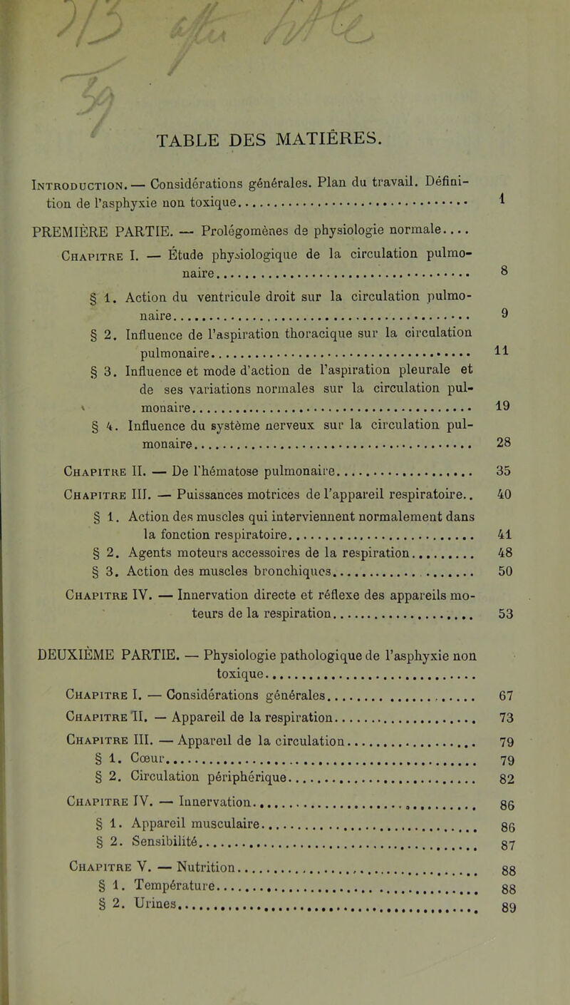 TABLE DES MATIERES. Introduction.— Considérations générales. Plan du travail. Défini- tion de l’asphyxie non toxique I PREMIÈRE PARTIE. — Prolégomènes de physiologie normale Chapitre I. — Étude phyiiologique de la circulation pulmo- naire 8 § 1. Action du ventricule droit sur la circulation pulmo- naire 9 § 2. Influence de l’aspiration thoracique sur la circulation pulmonaire § 3. Influence et mode d’action de l’aspiration pleurale et de ses variations normales sur la circulation pul- ' monaire 19 § k. Influence du système nerveux sur la circulation pul- monaire 28 Chapitre II. — De l'hématose pulmonaire 35 Chapitre III. — Puissances motrices de l’appareil respiratoire.. 40 § 1. Action des muscles qui interviennent normalement dans la fonction respiratoire 41 § 2. Agents moteurs accessoires de la respiration 48 § 3. Action des muscles bronchiques 50 Chapitre IV. — Innervation directe et réflexe des appareils mo- teurs de la respiration 53 DEUXIÈME PARTIE. — Physiologie pathologique de l’asphyxie non toxique Chapitre I. — Considérations générales 67 Chapitre II. — Appareil de la respiration 73 Chapitre III. —Appareil de la circulation 79 § 1. Cœur 79 § 2. Circulation périphérique 82 Chapitre IV. — Innervation gg § 1. Appareil musculaire 86 § 2. Sensibilité 87 Chapitre V. — Nutrition 88 § 1. Température 88 § 2. Urines 89