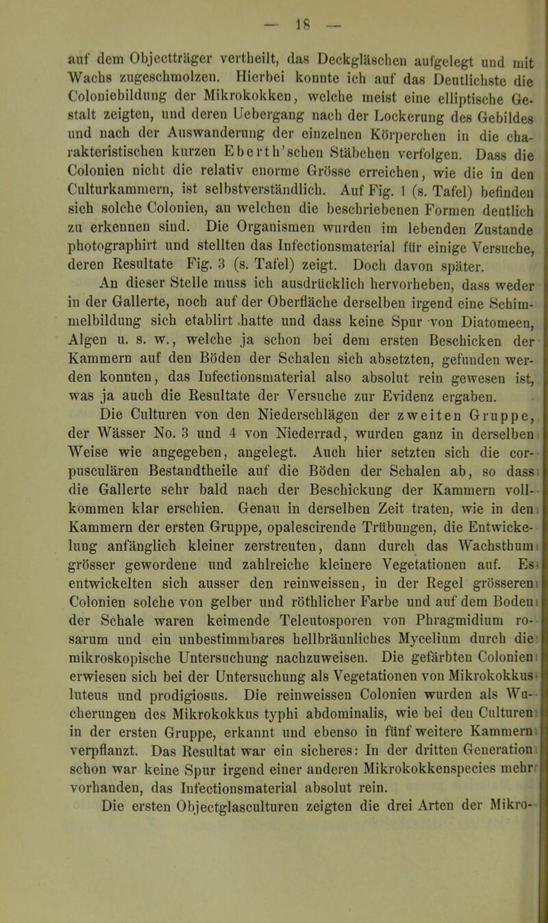 auf dem Objectträger vertheilt, das Deckgläsclieii aufgelegt und mit Wachs zugeschmolzen. Hierbei konnte ich auf das Deutlichste die Coloniebildung der Mikrokokken, welche meist eine elliptische Ge- stalt zeigten, und deren Uebergang nach der Lockerung des Gebildes und nach der Auswanderung der einzelnen Körperchen in die cha- rakteristischen kurzen Eherth’sehen Stäbchen verfolgen. Dass die Colonien nicht die relativ enorme Grösse erreichen, wie die in den Culturkammern, ist selbstverständlich. Auf Fig. 1 (s. Tafel) befinden sich solche Colonien, an welchen die beschriebenen Formen deutlich zu erkennen sind. Die Organismen wurden im lebenden Zustande photographirt und stellten das Infectionsmaterial für einige Versuche, deren Resultate Fig. 3 (s. Tafel) zeigt. Doch davon später. An dieser Stelle muss ich ausdrücklich hervorheben, dass weder in der Gallerte, noch auf der Oberfläche derselben irgend eine Schim- melbildung sich etablirt .hatte und dass keine Spur von Diatomeen, Algen u. s. w., welche ja schon bei dem ersten Beschicken der Kammern auf den Böden der Schalen sich absetzten, gefunden wer- den konnten, das Infectionsmaterial also absolut rein gewesen ist, was ja auch die Resultate der Versuche zur Evidenz ergaben. Die Culturen von den Niederschlägen der zweiten Gruppe, der Wässer No. 3 und 4 von Niederrad, wurden ganz in derselben: Weise wie angegeben, angelegt. Auch hier setzten sich die cor- pusculären Bestandtheile auf die Böden der Schalen ab, so dass; die Gallerte sehr bald nach der Beschickung der Kammern voll- kommen klar erschien. Genau in derselben Zeit traten, wie in dem Kammern der ersten Gruppe, opalescirende Trübungen, die Entwicke- lung anfänglich kleiner zerstreuten, dann durch das Wachsthumi grösser gewordene und zahlreiche kleinere Vegetationen auf. Es; entwickelten sich ausser den reinweissen, in der Regel grösserem Colonien solche von gelber und röthlicher Farbe und auf dem Boden i der Schale waren keimende Teleutosporen von Phragmidium ro- sarum und ein unbestimmbares hellbräunliches Mycelium durch die' mikroskopische Untersuchung nachzuweisen. Die gefärbten Colonien; erwiesen sich bei der Untersuchung als Vegetationen von Mikrokokkus- luteus und prodigiosus. Die reinweissen Colonien wurden als Wu- cherungen des Mikrokokkus typhi abdominalis, wie bei den Culturem in der ersten Gruppe, erkannt und ebenso in fünf weitere Kammern! verpflanzt. Das Resultat war ein sicheres: In der dritten Generation schon war keine Spur irgend einer anderen Mikrokokkenspecies mehr, vorhanden, das Infectionsmaterial absolut rein. Die ersten Objectglasculturen zeigten die drei Arten der Mikro-