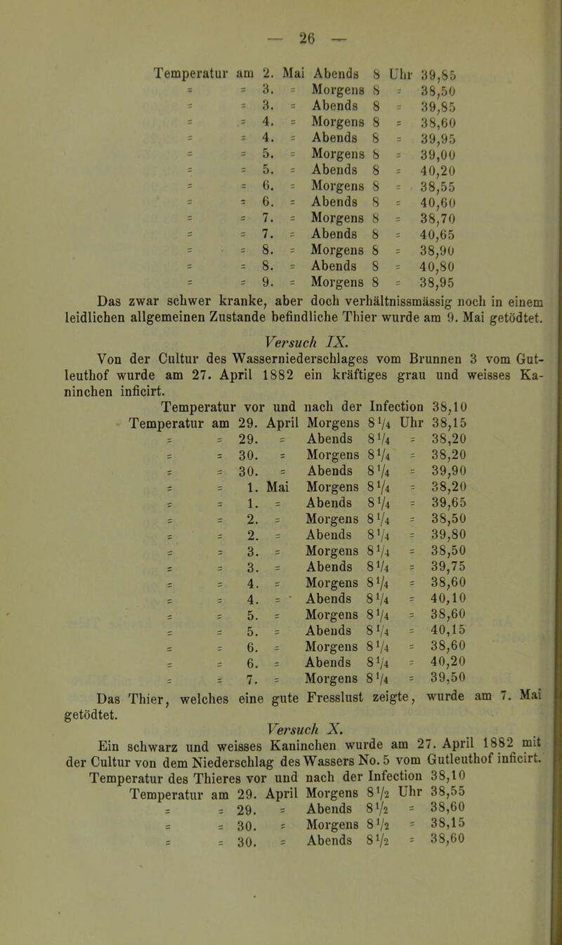 Temperatur am 2. Mai Abends 8 L’lir 39,85 = = 3. = Morgens 8 s 38,50 = s 3. = Abends 8 = 39,85 = = 4. = Morgens 8 38,60 = = 4. = Abends 8 = 39,95 = = 5. = Morgens 8 z 39,00 = = 5. = Abends 8 = 40,20 6. = Morgens 8 38,55 = = 6. = Abends 8 : 40,60 = = 7. = Morgens 8 38,70 = = 7. = Abends 8 = 40,65 = . = 8. = Morgens S = 38,90 = = 8. = Abends 8 40,80 = = 9. = Morgens 8 = 38,95 Das zwar schwer kranke, aber doch verhältnissmässig noch in einem leidlichen allgemeinen Zustande befindliche Thier wurde am 9. Mai getödtet. Vej'such IX. Von der Cultur des Wasserniederschlages vom Brunnen 3 vom Gut- leuthof wurde am 27. April 1882 ein kräftiges grau und weisses Ka- ninchen inficirt. Temperatur vor und nach der Infection 38,10 Temperatur am 29. April Morgens 8V4 Uhr 38,15 = = 29. Abends 8 V4 38,20 = 30. = Morgens 8V4 = 38,20 = = 30. = Abends 8 '/4 = 39,90 = 1. Mai Morgens 8V4 = 38,20 c = 1. = Abends 8V4 = 39,65 z = 2. Morgens 8V4 = 38,50 = z 2. = Abends 8 ’/4 = 39,80 = = 3. = Morgens 8V4 = 38,50 = 3. = Abends 8 V4 = 39,75 = = 4. ~ Morgens 8^4 : 38,60 z 4. = • Abends 8 V4 = 40,10 = z 5. = Morgens 8V4 38,60 = 5. = Abends 81/4 = 40,15 s = 6. z Morgens 8V4 = 38,60 - = 6. z Abends 8 V4 = 40,20 = = 7. = Morgens 8^1 a = 39,50 Thier, welches eine gute Fresslust zeigte. wurde am 7. Mai getödtet. Versuch X. Ein schwarz und weisses Kaninchen wurde am 27. April 1882 mit der Cultur von dem Niederschlag des Wassers No. 5 vom Gutleuthof inficirt. Temperatur des Thieres vor und nach der Infection 38,10 Temperatur am 29. April Morgens 8V2 Uhr 38,55 = = 29. = Abends 8 V2 = 38,60 = = 30. = Morgens 8 V2 = 38,15 = = 30. = Abends 8 V2 = 38,60