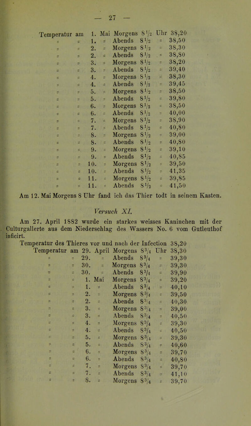 Temperatur am 1. Mai Morgens 8'/2 Uhr 38,20 - s 1. = Abends 8 1/2 = 38,50 = = 2. = Morgens 81/2 = 38,30 - z 2. z Abends 81/2 = 38,80 z. z 3. = Morgens 81/2 = 38,20 - s 3. = Abends 81/2 39,40 = 4. = Morgens 81/2 = 38,30 - = 4. Abends 8 1/2 = 39,45 = = 5. Morgens 81/2 38,50 = = 5. =: Abends 81/2 = 39,80 = z 6. = Morgens 81/2 = 38,50 = 6. = Abends 81/2 = 40,00 = = 7. = Morgens 81/2 = 38,90 = z 7. = Abends 81/2 40,80 = = 8. = Morgens 81/2 = 39,00 = = 8. = Abends 81/2 = 40,80 = = 9. = Morgens 81/2 = 39,10 = 9. = Abends 81/2 = 40,85 = = 10. = Morgens 81/2 = 39,50 = = 10. = Abends 81/2 = 41,35 = = 11. = Morgens 81/2 = 39,85 = = 11. = Abends 81/2 = 41,50 Am 12. Mai Morgens 8 Uhr fand ich das Thier todt in seinem Kasten. Vej'such XI. Am 27. April 1882 wurde ein starkes weisses Kaninchen mit der Culturgallerte aus dem Niederschlag des Wassers No. 6 vom Gutleuthof inficirt. Temperatur des Thieres vor und nach der Infectioii 38,20 Temperatur am 29. April Morgens 83/4 Uhr 38,30 = 29. Abends 83/4 = 39,30 = = 30. = Morgens 83/4 = 39,30 = 30. Abends 83/4 = 39,90 = = 1. Mai Morgens 83/4 = 39,20 = = 1. = Abends 83/4 = 40,10 = = 2. = Morgens 83/4 = 39,50 = 2. = Abends 83/4 = 40,30 = = 3. = Morgens 83/4 = 39,00 s = 3. = Abends 83/4 = 40,50 = = 4. = Morgens 83/4 = 39,30 s z 4. = Abends 83/4 z 40,50 = = 5. = Morgens 83/4 - 39,30 = 5. = Abends 83/4 40,60 - = 6. = Morgens 83/4 = 39,70 •z z 6. = Abends 83/4 = 40,80 z = 7. = Morgens 83/4 - 39,70 = = 7. = Abends 83/4 = 41,10