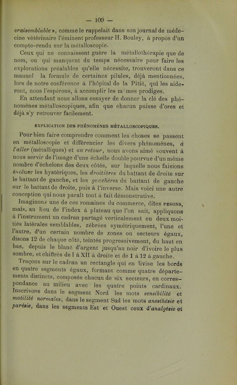 vraisemblable y>, comme le rappelait dans son journal de méde- cine vétérinaire l’éminent professeur H, Bouley, à propos d’un compte-rendu sur la métalloscopie. Ceux qui ne connaissent guère la métallothérapie que de nom, ou qui manquent du temps nécessaire pour faire les explorations préalables qu’elle nécessite, trouveront dans ce manuel la formule de certaines pilules, déjà mentionnées, lors de notre conférence à l’hôpital de la Pitié, qui les aide- ront, nous l’espérons, à accomplir les m 'mes prodiges. En attendant nous allons essayer de donner la clé des phé- nomènes métalloscopiques, afin que chacun puisse d’ores et déjà s’y retrouver facilement. EXPLICATION DES PHÉNOMÈNES MÉTALLOSCOPIQUES. Pour bien faire comprendre comment les choses se passent en métalloscopie et différencier les divers phénomènes, à l'aller (métalliques) et au retour, nous avons aimé souvent à nous servir de l’image d’une échelle double pourvue d’un même nombre d’échelons des deux côtés, sur laquelle nous faisions évoluer les hystériques, les droitières du battant de droite sur le battant de gauche, et les gauchères du battant de gauche sur le battant de droite, puis à l’inverse. Mais voici une autre conception qui nous paraît tout à fait démonstrative. Imaginons une de ces romaines du commerce, dites pesons, mais, au lieu de l’index à plateau que l'on sait, appliquons à l’instrument un cadran partagé verticalement en deux moi- tiés latérales semblables, zébrées symétriquement, l’une et 1 autre, d’un certain nombre de zones ou secteurs égaux, disons 12 de chaque côté, teintés progressivement, du haut en bas, depuis le blanc d’argent jusqu’au noir d’ivoire le plus sombre, et chiffrés de I à XII à droite et de 1 à 12 à gauche. Traçons sur le cadran un rectangle qui en livise les bords en quatre segments égaux, formant comme quatre départe- ments distincts, composés chacun de six secteurs, en corres- pondance au milieu avec les quatre points cardinaux. Inscrivons dans le segment Nord les mots sensibilité et motilité normales, dans le segment Sud les mots anesthésie et parésie, dans les segments Est et Ouest ceux à^analgésie et