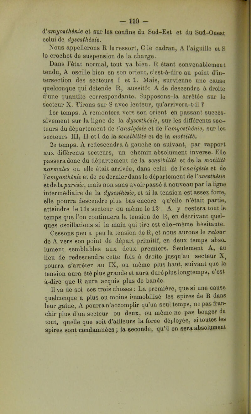 à'amyouthénie et sur les confins du Sud-Est et du Sud-Ouest celui do dysesthésie. Nous apjjellerons R le ressort, G le cadran, A l’aiguille et S le crochet de suspension de la charge. Dans l’état normal, tout va bien. R étant convenablement tendu, A oscille bien en son orient, c’est-à-dire au point d’in- tersection des secteurs I et 1. Mais, survienne une cause quelconque qui détende R, aussitôt A de descendre à droite d’une quantité correspondante. Supposons-la arrêtée sur le secteur X. Tirons sur S avec lenteur, qu’arrivera-t-il ? 1er temps. A remontera vers son orient en passant succes- sivement sur la ligne de la dysesthésie, sur les différents sec- teurs du département de Canalgésie et de Vamyosthénie, sur les secteurs III, II et I de la sensibilité et de la motilité. 2e temps. A redescendra à gauche en suivant, par rapport aux différents secteurs, un chemin absolument inverse. Elle passera donc du département de la sensibilité et de la motilité normales où elle était arrivée, dans celui de l’anaZ^^este et de Vamyosthénie et de ce dernier dans le département de Vanesthésie et de la joaresic, mais non sans avoir passé à nouveau par la ligne intermédiaire de la dysesthésie, et si la tension est assez forte, elle pourra descendre plus bas encore qu’elle n’était partie, atteindre le lie secteur ou même le 12’. A y restera tout le temps que l’on continuera la tension de R, en décrivant quel- ques oscillations si la main qui tire est elle-même hésitante. Cessons peu à peu la tension de R, et nous aurons le retour de A vers son point de départ primitif, en deux temps abso- lument semblables aux deux premiers. Seulement A, au lieu de redescendre cette fois à droite jusqu’au secteur pourra s’arrêter au IX, > ou même plus haut, suivant que la tension aura été plus grande et aura duré plus longtemps, c est à-dire que R aura acquis plus de bande. Il va de soi ces trois choses : La première, que si une cause quelconque a plus ou moins immobilisé les spires de R dans leur gaine, A pourra n’accomplir qu’un seul temps, ne pas fran- chir plus d’un secteur ou deux, ou même ne pas bouger du tout, quelle que soit d’ailleurs la force déployée, si toutes les spires sont condamnées ; la seconde, qu’d en sera absolument