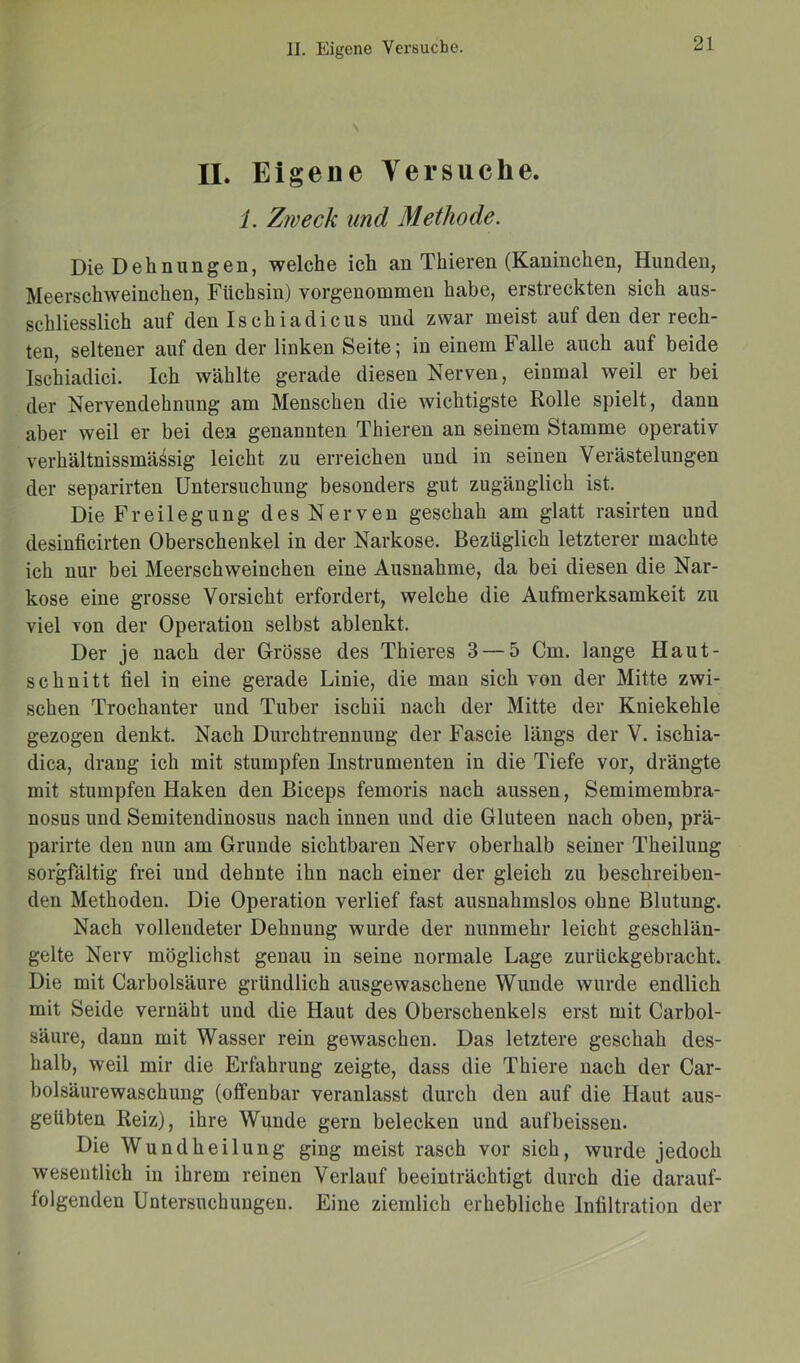 II. Eigene Versuche. 1. Zweck und Methode. Die Dehnungen, welche ich an Thieren (Kaninchen, Hunden, Meerschweinchen, Füchsin) vorgenommen habe, erstreckten sich aus- schliesslich auf den Ischiadicus und zwar meist aut den der rech- ten, seltener auf den der linken Seite; in einem Falle auch auf beide Ischiadici. Ich wählte gerade diesen Nerven, einmal weil er bei der Nervendehnung am Menschen die wichtigste Rolle spielt, dann aber weil er bei den genannten Thieren an seinem Stamme operativ verhältnissmässig leicht zu erreichen und in seinen Verästelungen der separaten Untersuchung besonders gut zugänglich ist. Die Freilegung des Nerven geschah am glatt rasirten und desinficirten Oberschenkel in der Narkose. Bezüglich letzterer machte ich nur bei Meerschweinchen eine Ausnahme, da bei diesen die Nar- kose eine grosse Vorsicht erfordert, welche die Aufmerksamkeit zu viel >on der Operation selbst ablenkt. Der je nach der Grösse des Thieres 3 — 5 Cm. lange Haut- schnitt fiel in eine gerade Linie, die man sich von der Mitte zwi- schen Trochanter und Tuber ischii nach der Mitte der Kniekehle gezogen denkt. Nach Durchtrennung der Fascie längs der V. ischia- dica, drang ich mit stumpfen Instrumenten in die Tiefe vor, drängte mit stumpfen Haken den Biceps femoris nach aussen, Semimembra- nosus und Semitendinosus nach innen und die Gluteen nach oben, prä- parirte den nun am Grunde sichtbaren Nerv oberhalb seiner Theilung sorgfältig frei und dehnte ihn nach einer der gleich zu beschreiben- den Methoden. Die Operation verlief fast ausnahmslos ohne Blutung. Nach vollendeter Dehnung wurde der nunmehr leicht geschlän- gelte Nerv möglichst genau in seine normale Lage zurückgebracht. Die mit Carbolsäure gründlich ausgewaschene Wunde wurde endlich mit Seide vernäht und die Haut des Oberschenkels erst mit Carbol- säure, dann mit Wasser rein gewaschen. Das letztere geschah des- halb, weil mir die Erfahrung zeigte, dass die Thiere nach der Car- bolsäurewaschung (offenbar veranlasst durch den auf die Haut aus- geübten Reiz), ihre Wunde gern belecken und aufbeissen. Die Wundheilung ging meist rasch vor sich, wurde jedoch wesentlich in ihrem reinen Verlauf beeinträchtigt durch die darauf- folgenden Untersuchungen. Eine ziemlich erhebliche Infiltration der