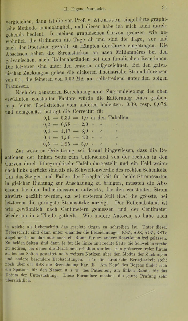 vergleichen, dann ist die von Prof. v. Ziemssen eingefühlte graphi- sche Methode unumgänglich, und dieser habe ich mich auch durch- gehends bedient. In meinen graphischen Curven grenzen wie ge- wöhnlich die Ordinaten die Tage ab und sind die Tage, vor und nach der Operation gezählt, zu Häupten der Curve eingetragen. Die Abscissen geben die Stromstärken an nach Milliamperes bei den galvanischen, nach Rollenabständen bei den faradischen Reactionen. Die letzteren sind unter den ersteren aufgezeichnet. Bei den galva- nischen Zuckungen geben die dickeren Theilstricke Stromdifferenzen von 0,1, die feineren von 0,02 MA an, selbstredend unter den obigen 1 Prämissen. Nach der genaueren Berechnung unter Zugrundelegung des oben erwähnten constanten Factors würde die Entfernung eines groben, resp. feinen Theilstriches vom anderen bedeuten: 0,39, resp. 0,078, und demgemäss beträgt die Correctur für 0,1 = 0,39 = 1,0 in den Tabellen 0,2 = 0,78 = 2,0 * * 0,3 = 1,17 — 3,0 ^ 0,4 = 1,56 = 4,0 * * 0,5 = 1,95 = 5,0 * * Zur weiteren Orientirung sei darauf hingewiesen, dass die Re- ■ actionen der linken Seite zum Unterschied von der rechten in den . Curven durch lithographische Tafeln dargestellt und ein Feld weiter nach links gerückt sind als die Sckwellenwertke des rechten Schenkels. Um das Steigen und Fallen der Erregbarkeit für beide Stromesarten in gleicher Richtung zur Anschauung zu bringen, mussten die Abs- cissen für den Inductionsstrom aufwärts, für den constanten Strom abwärts gezählt werden, da bei ersterem Null (RA) die grösste, bei letzterem die geringste Stromstärke anzeigt. Der Rollenabstand ist wie gewöhnlich nach Centimetern gemessen und der Centimeter wiederum in 5 Theile getheilt. Wie andere Autoren, so habe auch in welche als Ueberschrift das gereizte Organ zu schreiben ist. Unter dieser Ueberschrift sind dann unter einander die Bezeichnungen KSZ, ASZ, AOZ,KSTe angebracht und darunter noch ein Raum für ev. andere Reactionen frei gelassen. Zu beiden Seiten sind dann je für die linke und rechte Seite die Schwellenwerthe zu notiren, bei denen die Reactionen erhalten werden. Ein grösserer freier Raum zu beiden Seiten gestattet noch weitere Notizen über den Modus der Zuckungen i und andere besondere Beobachtungen. Für die faradische Erregbarkeit steht ■ noch über der KSZ die Bezeichnung Far. E. Am Kopf des Bogens findet sich ein Spatium für den Namen u. s. w. des Patienten, am linken Rande für das I Datum der Untersuchung. Diese Formulare machen die ganze Prüfung sehr ' übersichtlich.
