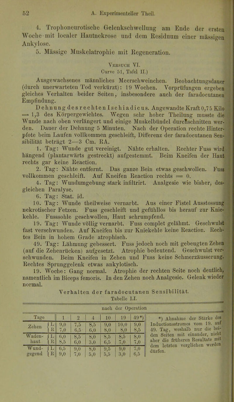 K9 O Li A. Experimenteller Theil. 4. Trophoneurotische Gclenkschwcllung am Ende der ersten Woche mit localer Hautnekrose und dem Residuum einer massigen Ankylose. 5. Massige Muskelatrophie mit Regeneration. Versuch VI. Curvc 51, Tafel II.) Ausgewachsenes männliches Meerschweinchen. Beobachtungsdauer (durch unerwarteten Tod verkürzt): 19 Wochen. Vorprüfungen ergeben gleiches Verhalten beider Seiten, insbesondere auch der faradocutaneu Empfindung. Dehnungdesrechtenlschiadicus. Angewandte Kraft 0,7 5 Kilo = 1,3 des Körpergewichtes. Wegen sehr hoher Theilung musste die Wunde nach oben verlängert und einige Muskelbündel durchschnitten wer- den. Dauer der Dehnung 5 Minuten. Nach der Operation rechte Hinter- pfote beim Laufen vollkommen geschleift, Differenz der faradocutanen Sen- sibilität beträgt 2—3 Cm. RA. 1. Tag: Wunde gut vereinigt. Nähte erhalten. Rechter Fuss wird hängend (plantarwärts gestreckt) aufgestemmt. Beim Kneifen der Haut rechts gar keine Reaction. 2. Tag: Nähte entfernt. Das ganze Bein etwas geschwollen. Fuss vollkommen geschleift. Auf Kneifen Reaction rechts = 0. 4. Tag: Wundumgebung stark infiltrirt. Analgesie wie bisher, des- gleichen Paralyse. 6. Tag: Stat. id. 10. Tag: Wunde theilweise vernarbt. Aus einer Fistel Ausstossung nekrotischer Fetzen. Fuss geschleift und gefühllos bis herauf zur Knie- kehle. Fusssohle geschwollen, Haut schrumpfend. 19. Tag: Wunde völlig vernarbt. Fuss complet gelähmt. Geschwulst fast verschwunden. Auf Kneifen bis zur Kniekehle keine Reaction. Rech- tes Bein in hohem Grade atrophisch. 49. Tag: Lähmung gebessert. Fuss jedoch noch mit gebeugten Zehen (auf die Zehenrücken) aufgesetzt. Atrophie bedeutend. Geschwulst ver- schwunden. Beim Kneifen iu Zehen und Fuss keine Schmerzäusserung. Rechtes Sprunggelenk etwas ankylotisch. 19. Woche: Gang normal. Atrophie der rechten Seite noch deutlich, namentlich im Biceps femoris. In den Zehen noch Analgesie. Gelenk wieder normal. Verhalten der faradocutanen Sensibilität. Tabelle LI. nach der Operation Tage 1 2 4 10 19 49*)| Zehen 1 £ 9,0 7,5 8,5 9,0 10,0 9,0 1 lt 7,0 6,5 6,0 8,0 8,0 8,5 Waden- (L 6,0 8,5 8,0 8,5 8,5 8,0 haut 1 lt 8,5 6,0 3,0 6,5 7,0 7,0 Wund- (L 6,5 9,0 8,0 9,5 9,0 7,0 gegend \ lt 9,0 7,0 5,0 5,5 3,0 6,5 *) Abnahme der Stärke des lnductionsstromes vom 19. auf 49. Tag, weshalb nur die bei- den Seiten mit einander, nicht aber die früheren Resultate mit dem letzten verglichen werden dürfen.