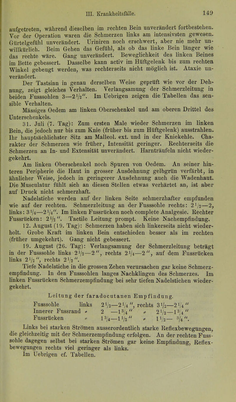 aufgetreten, während dieselben im rechten Bein unverändert fortbestehen. Vor der Operation waren die Schmerzen links am intensivsten gewesen. Gürtelgefühl unverändert. Uriniren noch erschwert, aber nie mehr un- willkürlich. Beim Gehen das Gefühl, als ob das linke Bein länger wie das rechte wäre. Gang unverändert. Beweglichkeit des linken Beines im Bette gebessert. Dasselbe kann activ im Hüftgelenk bis zum rechten Winkel gebeugt werden, was rechterseits nicht möglich ist. Ataxie un- verändert. Der Tastsinn in genau derselben Weise geprüft wie vor der Deh- nung, zeigt gleiches Verhalten. Verlangsamung der Schmerzleitung in beiden Fusssohlen 3—2,/2//. Im Uebrigen zeigen die Tabellen das sen- sible Verhalten. Massiges Oedem am linken Oberschenkel und am oberen Drittel des Unterschenkels. 31. Juli (7. Tag): Zum ersten Male wieder Schmerzen im linken Bein, die jedoch nur bis zum Knie (früher bis zum Hüftgelenk) ausstrahlen. Ihr hauptsächlichster Sitz am Malleol. ext. und in der Kniekehle. Cha- rakter der Schmerzen wie früher, Intensität geringer. Rechterseits die Schmerzen an In- und Extensität unverändert. Harnträufeln nicht wieder- gekehrt. Am linken Oberschenkel noch Spuren von Oedem. An seiner hin- teren Peripherie die Haut in grosser Ausdehnung gelbgrün verfärbt, in ähnlicher Weise, jedoch in geringerer Ausdehnung auch die Wadenhaut. Die Musculatur fühlt sich an diesen Stellen etwas verhärtet an, ist aber auf Druck nicht schmerzhaft. Nadelstiche werden auf der linken Seite schmerzhafter empfunden wie auf der rechten. Schmerzleitung an der Fusssohle rechts: 2^2—2, links: 3^4—21/V/. Im linken Fussrücken noch complete Analgesie. Rechter Fussrücken: 272. Tactile Leitung prompt. Keine Nachempfindung. 12. August (19. Tag): Schmerzen haben sich linkerseits nicht wieder- holt. Grobe Kraft im linken Bein entschieden besser als im rechten (früher umgekehrt). Gang nicht gebessert. 19. August (26. Tag): Verlangsamung der Schmerzleitung beträgt in der Fusssohle links 272 — 2, rechts 274—2, auf dem Fussrücken links 2 72 , rechts 2 72. Tiefe Nadelstiche in die grossen Zehen verursachen gar keine Schmerz- empfindung. In den Fusssohlen langes Nachklingen des Schmerzes. Im linken Fussrücken Schmerzempfindung bei sehr tiefen Nadelstichen wieder- gekehrt. Leitung der faradocutanen Empfindung. Fusssohle links 272—2 74 , rechts 3 72—274 Innerer Fussrand 2 —13/4 y/ * 272—l3/4 Fussrücken * l3/4—172 * U/2— 3/4. Links bei starken Strömen ausserordentlich starke Reflexbewegungen, die gleichzeitig mit der Schmerzempfindung erfolgen. An der rechten Fuss- sohle dagegen selbst bei starken Strömen gar keine Empfindung, Reflex- bewegungen rechts viel geringer als links. Im Uebrigen cf. Tabellen.
