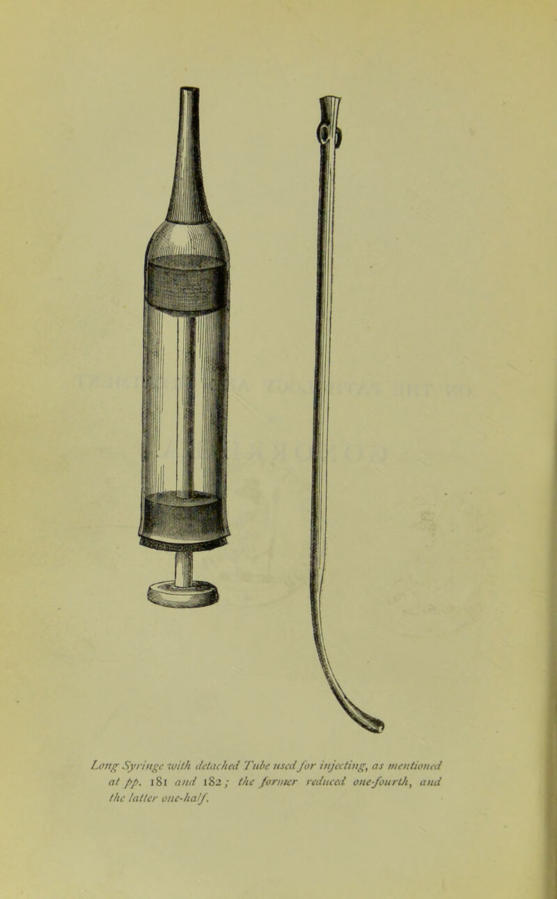 Long Syringe -with tictached Tui>e used for injeedng, as mentioned at pp. i8i and 182; the former reduced onefourUi, and the latter one-half.