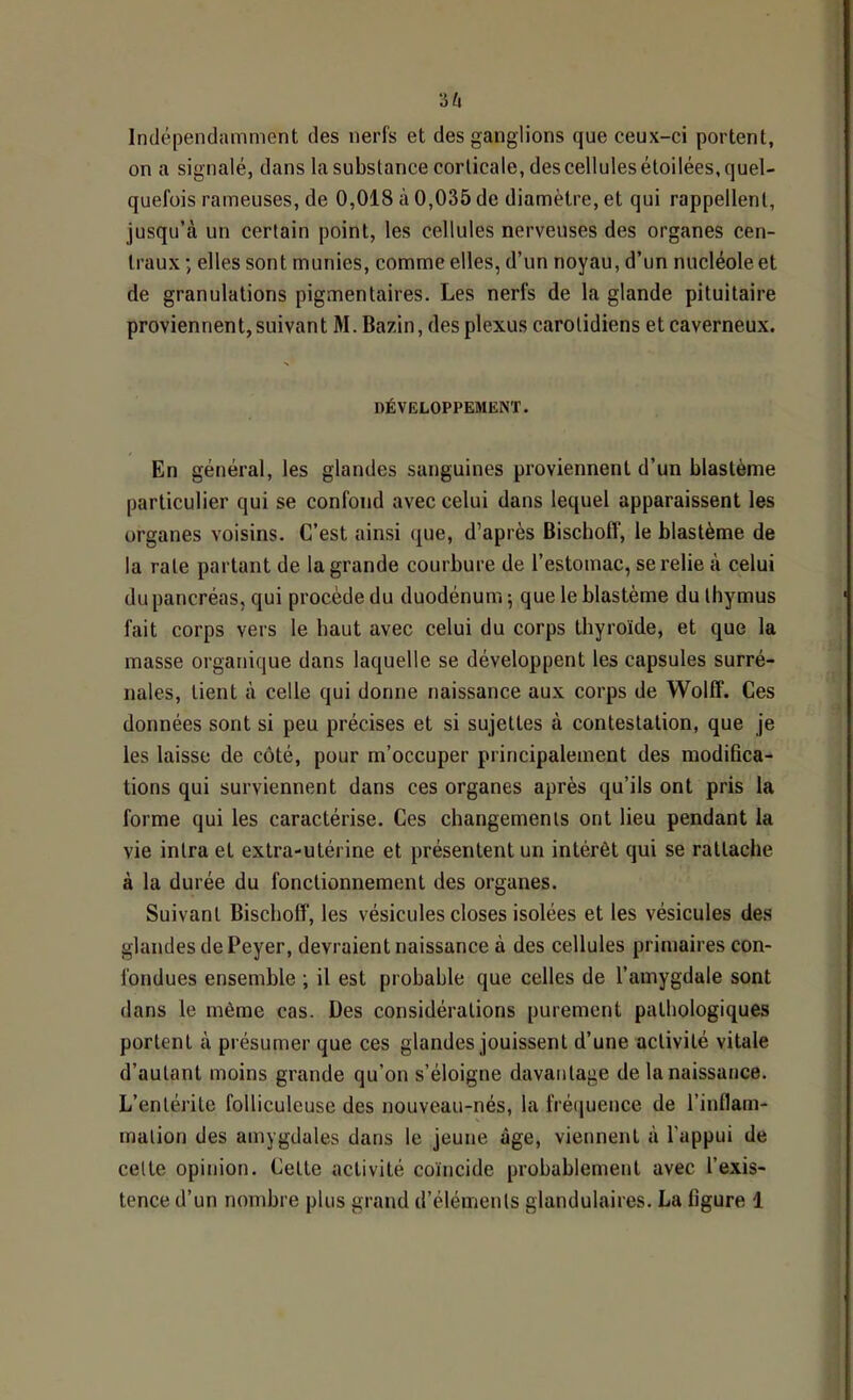 'iU Indépendamment des nerfs et des ganglions que ceux-ci portent, on a signalé, dans la substance corticale, des cellules étoilées, quel- quefois rameuses, de 0,018 à 0,035 de diamètre, et qui rappellent, jusqu’à un certain point, les cellules nerveuses des organes cen- traux ; elles sont munies, comme elles, d’un noyau, d’un nucléole et de granulations pigmentaires. Les nerfs de la glande pituitaire proviennent, suivant M. Bazin, des plexus carotidiens et caverneux. DÉVELOPPEMENT. En général, les glandes sanguines proviennent d’un blastème particulier qui se confond avec celui dans lequel apparaissent les organes voisins. C’est ainsi que, d’après Bischoff, le blastème de la rate partant de la grande courbure de l’estomac, se relie à celui du pancréas, qui procède du duodénum ; que le blastème du thymus fait corps vers le haut avec celui du corps thyroïde, et que la masse organique dans laquelle se développent les capsules surré- nales, tient à celle qui donne naissance aux corps de Wolff. Ces données sont si peu précises et si sujettes à contestation, que je les laisse de côté, pour m’occuper principalement des modifica- tions qui surviennent dans ces organes après qu’ils ont pris la forme qui les caractérise. Ces changements ont lieu pendant la vie intra et extra-utérine et présentent un intérêt qui se rattache à la durée du fonctionnement des organes. Suivant Bischoff, les vésicules closes isolées et les vésicules de.s glandes de Peyer, devraient naissance à des cellules primaires con- fondues ensemble ; il est probable que celles de l’amygdale sont dans le même cas. Des considérations purement pathologiques portent à présumer que ces glandes jouissent d’une activité vitale d’autant moins grande qu’on s’éloigne davantage de la naissance. L’entérite folliculeuse des nouveau-nés, la fréquence de l’inflam- mation des amygdales dans le jeune âge, viennent à l’appui de cette opinion. Cette activité coïncide probablement avec l’exis- tence d’un nombre plus grand d’éléments glandulaires. La figure 1