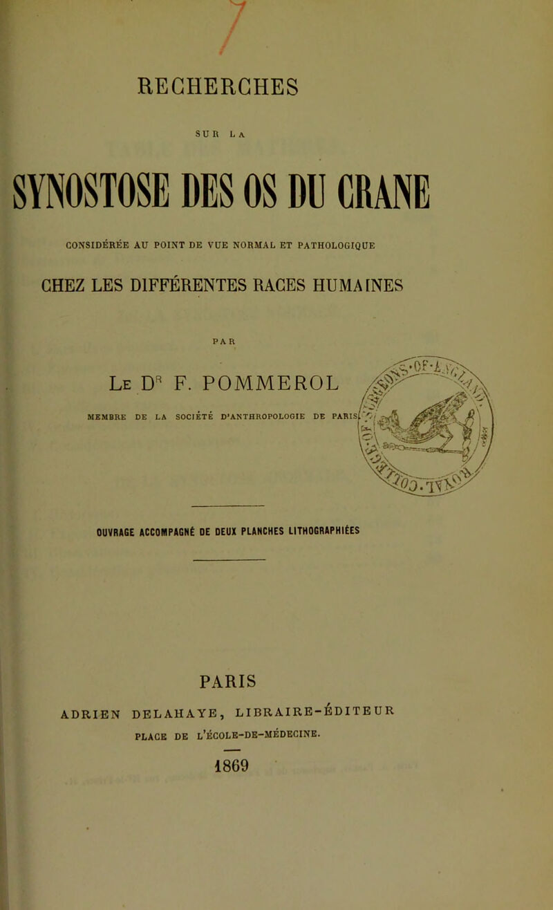 SUR La SYNOSTOSE DES OS DU CRANE CONSIDÉRÉE AU POINT DE VUE NORMAL ET PATHOLOGIQUE CHEZ LES DIFFÉRENTES RAGES HUMA [NES PAR OUVRAGE ACCOMPAGNÉ DE DEUX PLANCHES LITHOGRAPHIÉES PARIS ADRIEN DELAHAYE, LIBRAIRE-EDITEUR PLACE DE l’ÉCOLE-DE-MÉDECINE. 1869