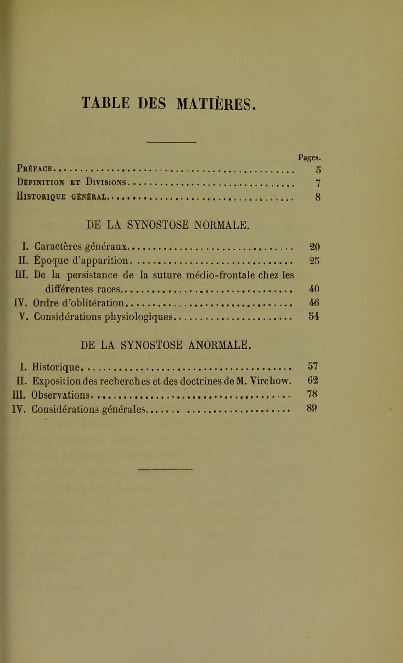 TABLE DES MATIÈRES Pages. Préface 5 Définition et Divisions 7 Historique général 8 DE LA SYNOSTOSE NORMALE. I. Caractères généraux 20 II. Époque d’apparition 25 III. De la persistance de la suture médio-frontale chez les différentes races 40 IV. Ordre d’oblitération 46 V. Considérations physiologiques 54 DE LA SYNOSTOSE ANORMALE. I. Historique 67 II. Exposition des recherches et des doctrines de M. Virchow. 62 III. Observations • 78 IV. Considérations générales 89