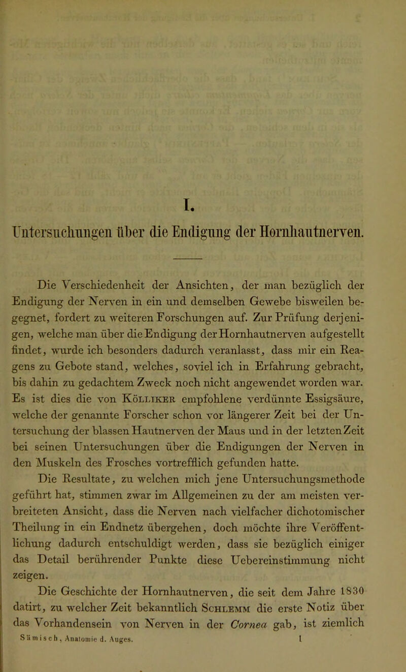 Untersuchungen über die Endigung der Hornliantnerven. Die Verschiedenheit der Ansichten, der man bezüglich der Endigung der Nerven in ein und demselben Gewebe bisweilen be- gegnet, fordert zu weiteren Forschungen auf. Zur Prüfung derjeni- gen, welche man über die Endigung der Hornhautnerven aufgestellt findet, wurde ich besonders dadurch veranlasst, dass mir ein Rea- gens zu Gebote stand, welches, soviel ich in Erfahrung gebracht, bis dahin zu gedachtem Zweck noch nicht angewendet worden war. Es ist dies die von Kölliker empfohlene verdünnte Essigsäure, welche der genannte Forscher schon vor längerer Zeit bei der Un- tersuchung der blassen Hautnerven der Maus und in der letzten Zeit bei seinen Untersuchungen über die Endigungen der Nerven in den Muskeln des Frosches vortrefflich gefunden hatte. Die Resultate, zu welchen mich jene Untersuchungsmethode geführt hat, stimmen zwar im Allgemeinen zu der am meisten ver- breiteten Ansicht, dass die Nerven nach vielfacher dichotomischer Theilung in ein Endnetz übergehen, doch möchte ihre Veröffent- lichung dadurch entschuldigt werden, dass sie bezüglich einiger das Detail berührender Punkte diese Uebereinstimmung nicht zeigen. Die Geschichte der Hornhautnerven, die seit dem Jahre 1830 datirt, zu welcher Zeit bekanntlich Schlemm die erste Notiz über das Vorhandensein von Nerven in der Cornea gab, ist ziemlich