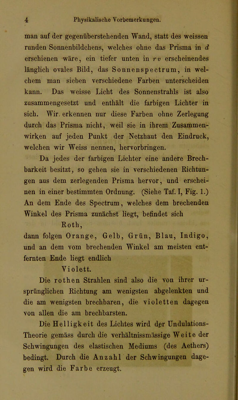man auf der gegenüberstehenden Wand, statt des weissen runden Sonnenbildchens, welches ohne das Prisma in d erschienen 'Wäre, ein tiefer unten in rv erscheinendes länglich ovales Bild, das Soniienspectrum, in wel- chem man sieben verschiedene Farben unterscheiden kann. Das weisse Licht des Sonnenstrahls ist also zusammengesetzt und enthält die farbigen Lichter in sich. Wir, erkennen nur diese Farben ohne Zerlegung durch das Prisma nicht, weil sie in ihrem Zusammen- wirken auf jeden Punkt der Netzhaut den Eindruck, welchen wir Weiss nennen, hervorbringen. Da jedes der farbigen Lichter eine andere Brech- barkeit besitzt, so gehen sie in verschiedenen Richtun- gen aus dem zerlegenden Prisma hervor, und erschei- nen in einer bestimmten Ordnung. (Siehe Taf. I, Fig. 1.) An dem Ende des Spectrum, welches dem brechenden Winkel des Prisma zunächst liegt, befindet sich Roth, dann folgen Orange, Gelb, Grün, Blau, Indigo, und an dem vom brechenden Winkel am meisten ent- fernten Ende liegt endlich Violett. Die rothen Strahlen sind also die von ihrer ur- sprünglichen Richtung am wenigsten abgelenkten und die am wenigsten brechbaren, die violetten dagegen von allen die am brechbarsten. Die Helligkeit des Lichtes wird dpr TJndulations- Theorie gemäss durch die verhältnissmässige Weite der Schwingungen des elastischen Mediums (des Aethers) bedingt. Durch die Anzahl der Schwingungen dage- gen wird die Farbe erzeugt.