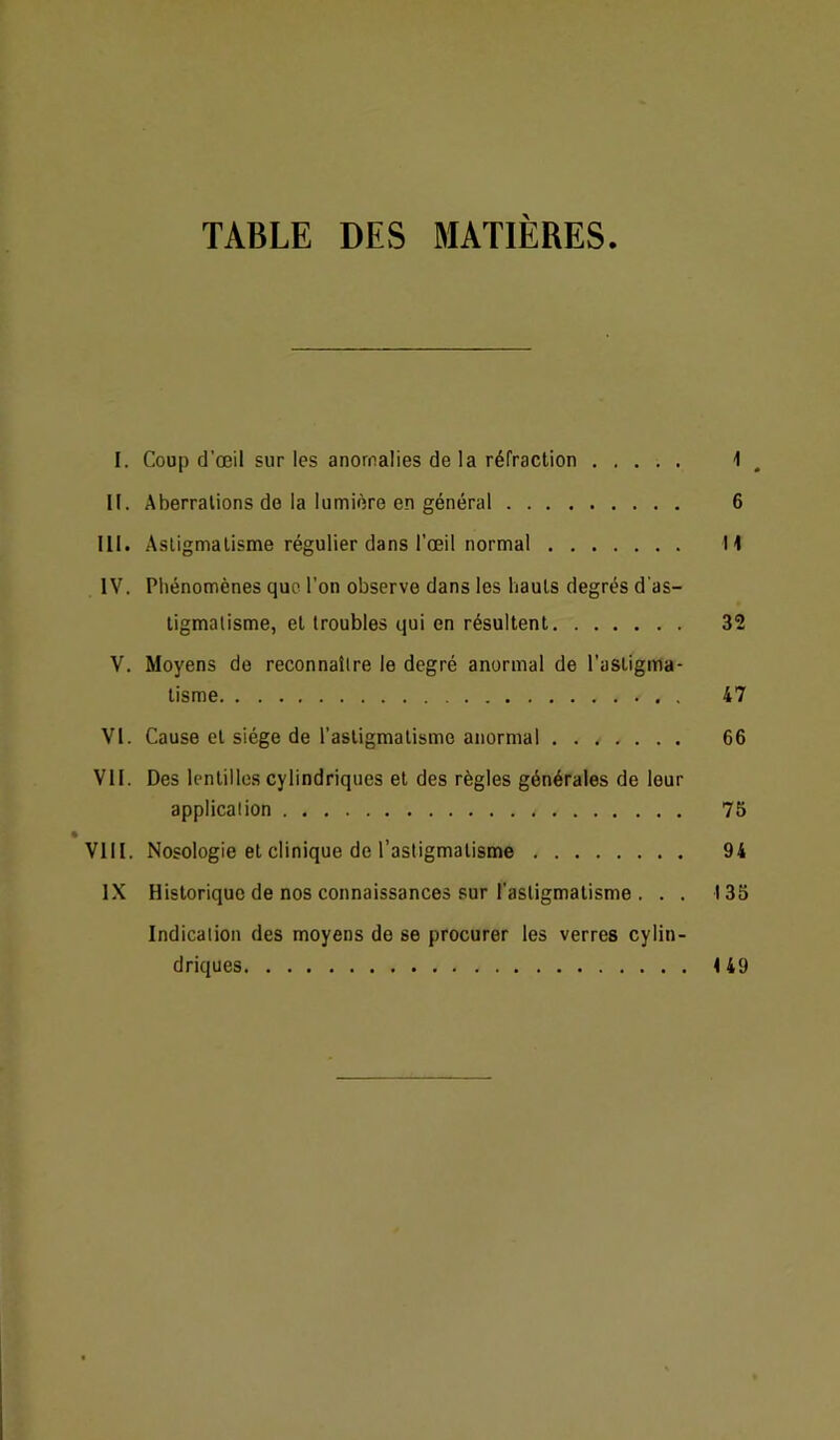 TABLE DES MATIERES I. Coup d’œil sur les anomalies de la réfraction i . II. Aberrations de la lumière en général 6 III. Astigmatisme régulier dans l'œil normal M IV. Phénomènes que l’on observe dans les hauts degrés d'as- tigmalisme, et troubles qui en résultent 32 V. Moyens do reconnaître le degré anormal de l'astigma- tisme 47 VI. Cause et siège de l’astigmatisme anormal 66 VII. Des lentilles cylindriques et des règles générales de leur application 75 VIII. Nosologie et clinique de l’astigmatisme 94 IX Historique de nos connaissances sur l’astigmatisme . . . 135 Indication des moyens de se procurer les verres cylin- driques <49