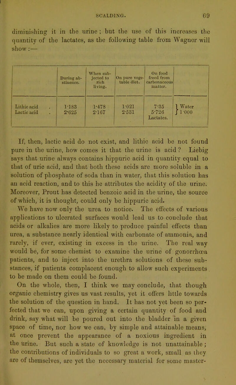 diminishing it in the urine ; but the use of this increases the quantity of the lactates, as the following table from Wagner will show: — ! During ab- stinence. When sub- jected to rich living. On pure vege- tabie diet. 1 On food freed from carbonaceous matter. Lithic acid Lactic acid ri83 2-625 1- 478 2- 167 1-021 2-531 7-35 5-726 Lactates. 1 Water J 1-000 If, then, lactic acid do not exist, and lithic acid be not found pure in the urine, how comes it that the urine is acid ? Liebig says that urine always contains hippuric acid in quantity equal to that of uric acid, and that both these acids are more soluble in a solution of phosphate of soda than in w'ater, that this solution has an acid reaction, and to this he attributes the acidity of the urine. Moreover, Prout has detected benzoic acid in the urine, the source of which, it is thought, could only be hippuric acid. We have now only the urea to notice. The effects of various applications to ulcerated surfaces would lead us to conclude that acids or alkalies are more likely to produce painful effects than urea, a substance nearly identical with carbonate of ammonia, and rarely, if ever, existing in excess in the urine. The real way would be, for some chemist to examine the urine of gonorrhoea patients, and to inject into the urethra solutions of these sub- stances, if patients complacent enough to allow such experiments to be made on them could be found. On the whole, then, I think we may conclude, that though organic chemistry gives us vast results, yet it offers little towards the solution of the question in hand. It has not yet been so per- fected that we can, upon giving a certain quantity of food and drink, say what will be poured out into the bladder in a given space of time, nor how we can, by simple and attainable means, at once prevent the appearance of a noxious ingredient in the urine. But such a state of knowledge is not unattainable; the contributions of individuals to so great a work, small as they are of themselves, arc yet the necessary material for some master-