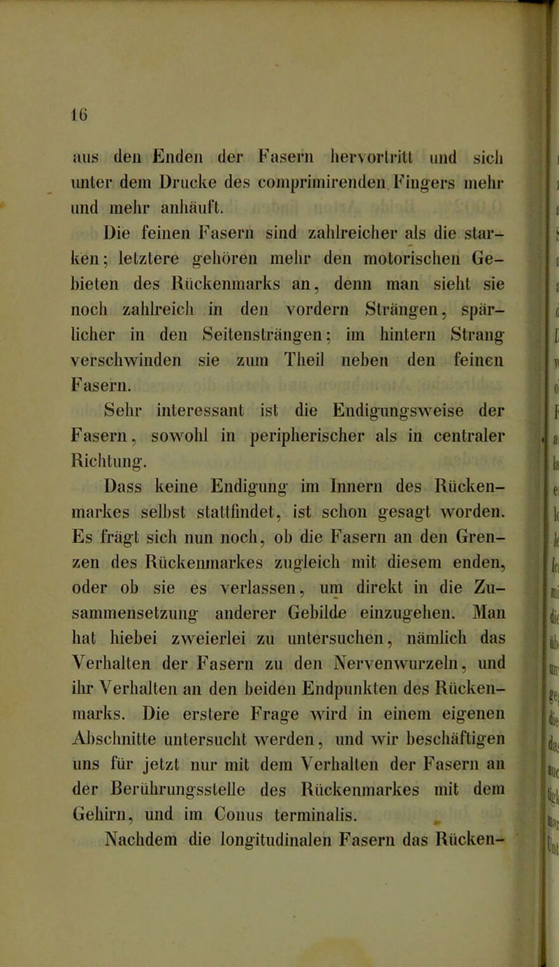 1(5 aus den Enden der Fasern hervorlritt und sieh unter dem Drucke des comprimirenden Fingers mehr und mehr anhäuft. Die feinen Fasern sind zahlreicher als die star- ken ; letztere gehören mehr den motorischen Ge- bieten des Rückenmarks an, denn man sieht sie noch zahlreich in den vordem Strängen, spär- licher in den Seitensträngen; im hintern Strang verschwinden sie zum Tlieil neben den feinen Fasern. Sehr interessant ist die Endigungsweise der Fasern, sowohl in peripherischer als in centraler Richtung. Dass keine Endigung im Innern des Rücken- markes seihst stattfindet, ist schon gesagt worden. Es frägt sich nun noch, oh die Fasern an den Gren- zen des Rückenmarkes zugleich mit diesem enden, oder ob sie es verlassen, um direkt in die Zu- sammensetzung anderer Gebilde einzugehen. Man hat hiebei zweierlei zu untersuchen, nämlich das Verhalten der Fasern zu den Nervenwurzeln, und ihr Verhalten an den beiden Endpunkten des Rücken- marks. Die erstere Frage wird in einem eigenen Abschnitte untersucht werden, und wir beschäftigen uns für jetzt nur mit dem Verhalten der Fasern an der Berührungssteile des Rückenmarkes mit dem Gehirn, und im Conus terminalis. Nachdem die longitudinalen Fasern das Rücken- 11 lf I ^ jiru Mit I Mr I«; Na; m k