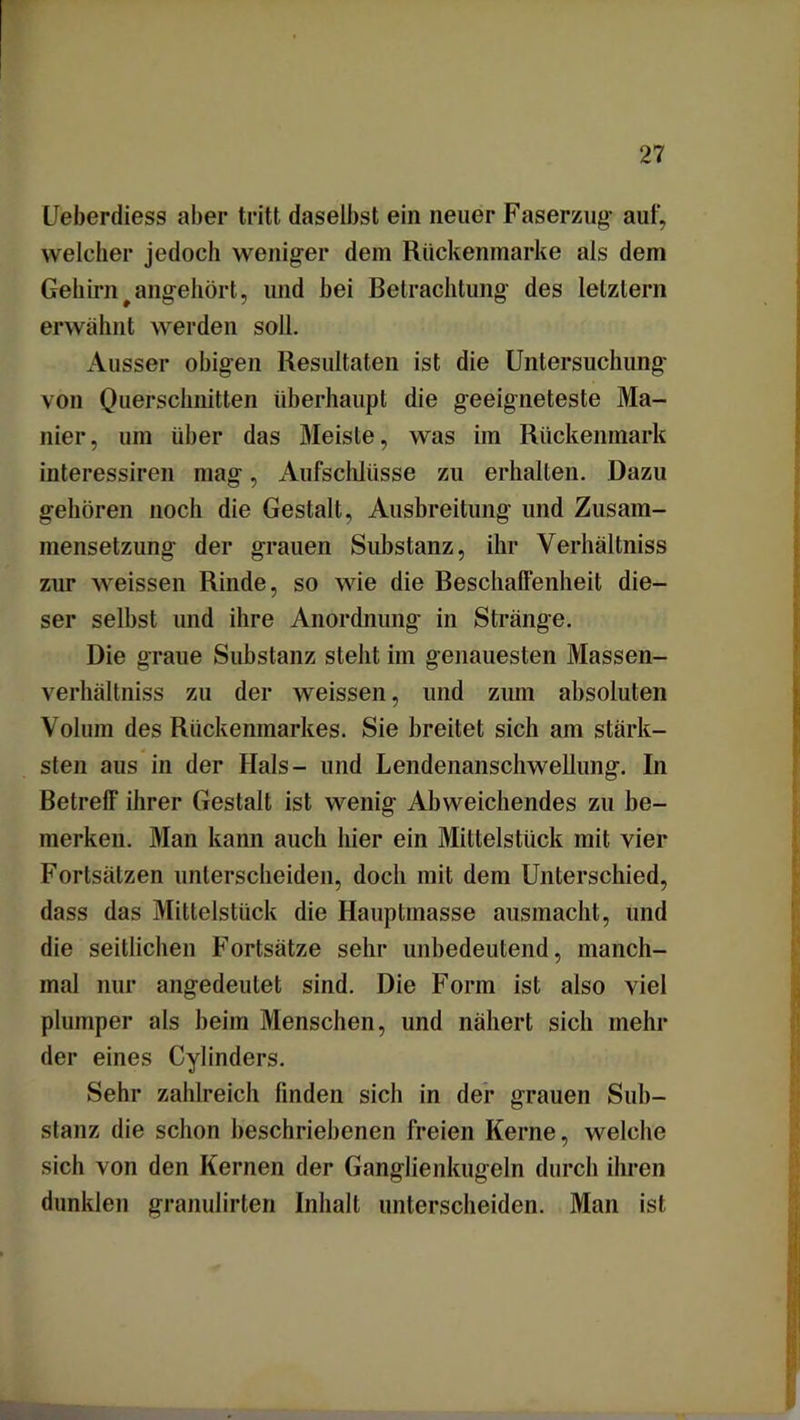 Ueberdiess aber tritt daselbst ein neuer Faserzug' auf, welcher jedoch weniger dem Rückenmarke als dem Gehirn # angehört, und bei Betrachtung des letztem erwähnt werden soll. Ausser obigen Resultaten ist die Untersuchung von Querschnitten überhaupt die geeigneteste Ma- nier, um über das öleiste, was im Rückenmark interessiren mag, Aufschlüsse zu erhalten. Dazu gehören noch die Gestalt, Ausbreitung und Zusam- mensetzung der grauen Substanz, ihr Verhältnis zur weissen Rinde, so wie die Beschaffenheit die- ser selbst und ihre Anordnung in Stränge. Die graue Substanz steht im genauesten Ölassen- verhältniss zu der weissen, und zum absoluten Volum des Rückenmarkes. Sie breitet sich am stärk- sten aus in der Hals- und Lendenanschwellung. In Betreff ihrer Gestalt ist wenig Abweichendes zu be- merken. ölan kann auch hier ein Milteistück mit vier Fortsätzen unterscheiden, doch mit dem Unterschied, dass das Mittelstück die Hauptmasse ausmacht, und die seitlichen Fortsätze sehr unbedeutend, manch- mal nur angedeutet sind. Die Form ist also viel plumper als beim Menschen, und nähert sich mehr der eines Cylinders. Sehr zahlreich linden sich in der grauen Sub- stanz die schon beschriebenen freien Kerne, welche sich von den Kernen der Ganglienkugeln durch ihren dunklen granulirten Inhalt unterscheiden. Man ist