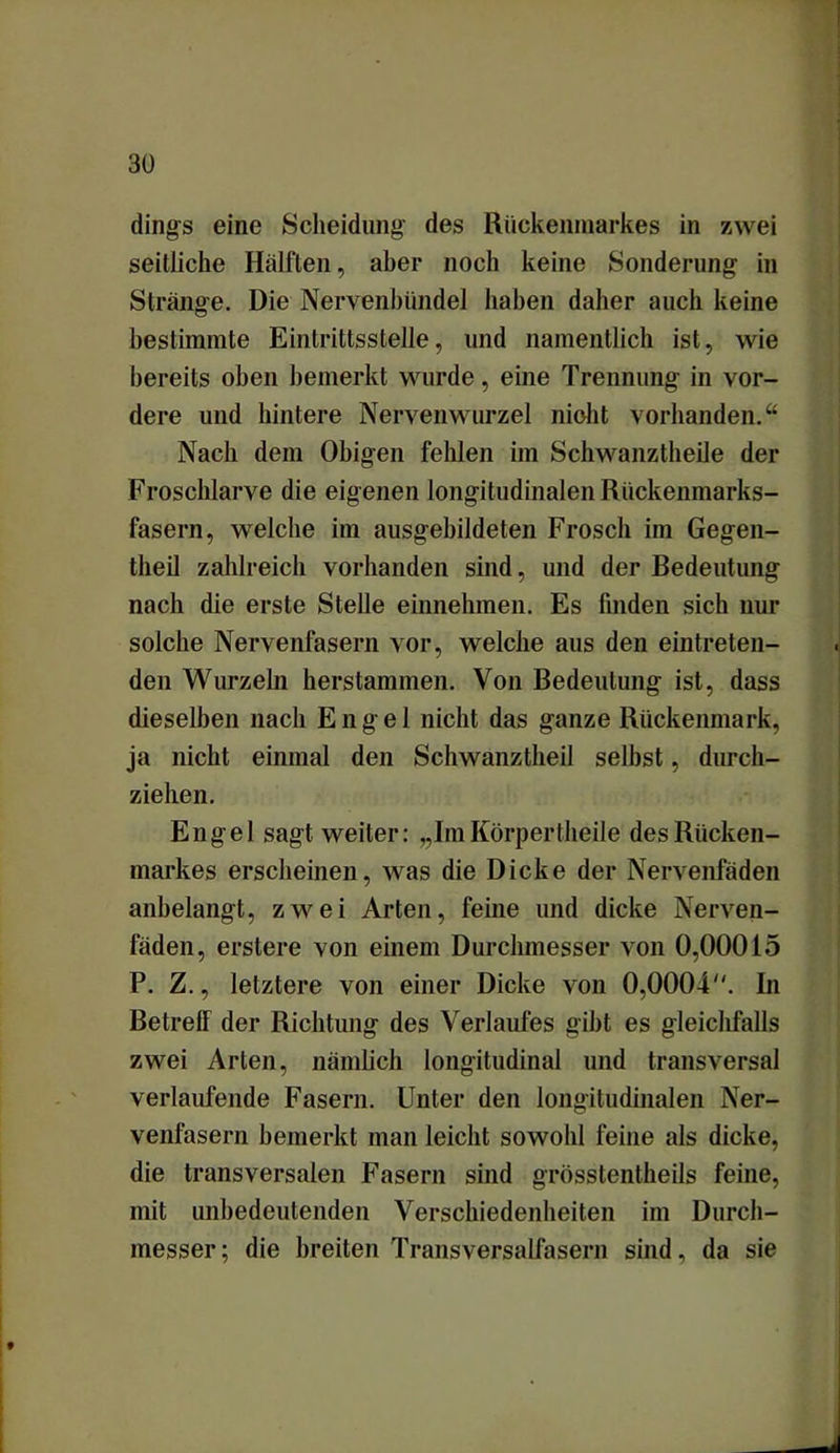 dings eine Scheidung des Rückenmarkes in zwei seitliche Hälften, aber noch keine Sonderung in Stränge. Die Nervenbündel haben daher auch keine bestimmte Eintrittsstelle, und namentlich ist, wie bereits oben bemerkt wurde, eine Trennung in vor- dere und hintere Nervenwurzel nicht vorhanden.“ Nach dem Obigen fehlen im Schwanztheile der Froschlarve die eigenen longitudinalen Rückenmarks- fasern, welche im ausgebildeten Frosch im Gegen- tlieil zahlreich vorhanden sind, und der Redeutung nach die erste Stelle einnehmen. Es finden sich nur solche Nervenfasern vor, welche aus den eintreten- den Wurzeln herstammen. Von Bedeutung ist, dass dieselben nach Engel nicht das ganze Rückenmark, ja nicht einmal den Schwanztheil selbst, durch- ziehen. Engel sagt weiter: „Im Körpertheile des Rücken- markes erscheinen, was die Dicke der Nervenfäden anbelangt, zwei Arten, feine und dicke Nerven- fäden, erstere von einem Durchmesser von 0,00015 P. Z., letztere von einer Dicke von 0,0004. In Betreff der Richtung des Verlaufes gibt es gleichfalls zwei Arten, nämlich longitudinal und transversal verlaufende Fasern. Unter den longitudinalen Ner- venfasern bemerkt man leicht sowohl feine als dicke, die transversalen Fasern sind grösstentheils feine, mit unbedeutenden Verschiedenheiten im Durch- messer; die breiten Transversalfasern sind, da sie