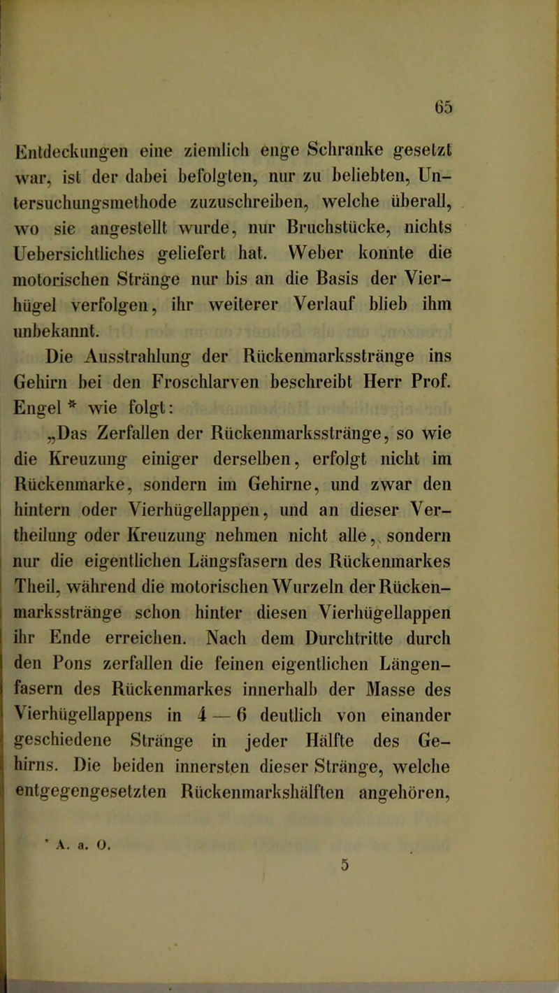 Entdeckungen eine ziemlich enge Schranke gesetzt war, ist der dabei befolgten, nur zu beliebten, Un- tersuehungsnietliode zuzuschreiben, welche überall, wo sie angestellt wurde, nur Bruchstücke, nichts Uebersichtliches geliefert hat. Weber konnte die motorischen Stränge nur bis an die Basis der Vier- hügel verfolgen, ihr weiterer Verlauf blieb ihm unbekannt. Die Ausstrahlung der Rückenmarksstränge ins Gehirn bei den Froschlarven beschreibt Herr Prof. Engel * wie folgt: „Das Zerfallen der Rückenmarksstränge, so wie die Kreuzung einiger derselben, erfolgt nicht im Rückenmarke, sondern im Gehirne, und zwar den hintern oder Vierhügellappen, und an dieser Ver- theihing oder Kreuzung nehmen nicht alle, . sondern nur die eigentlichen Längsfasern des Rückenmarkes Tlieil, während die motorischen Wurzeln der Rücken- marksstränge schon hinter diesen Vierhügellappen ihr Ende erreichen. Nach dem Durchtritte durch den Pons zerfallen die feinen eigentlichen Längen- fasern des Rückenmarkes innerhalb der Masse des Vierhiigellappens in 4 — 6 deutlich von einander geschiedene Stränge in jeder Hälfte des Ge- hirns. Die beiden innersten dieser Stränge, welche entgegengesetzten Rückenmarkshälften angehören, * A. a. o. 5