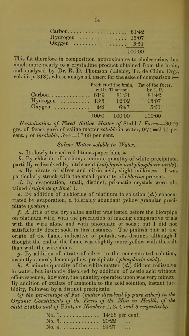 Carbon 81-4.2 Hydrogen 13-Q7 Oxygen 5-51 100-00 This fat therefore in composition approximates to cholesterine, but much more nearly to a crystalline product obtained from the brain, and analysed by Dr. R. D. Thomson (Liebig, Tr. de Chim. Org., vol. iii. p. 318), whose analysis I insert for the sake of comparison :— Product of the brain. Fat of the faeces. by Dr. Thomson. by J. P. Carbon 81-9 81-51 81-4-2 Hydrogen 13-3 12-02 13'07 Oxygen 4--8 6-47 5’51 100-0 100-00 100-00 Examination of Fixed Saline Matter of Stubbs’ Fceces.—30*76 grs. of faeces gave of saline matter soluble in water, 0-74=2-41 per cent.; of insoluble, 5*44=17-68 per cent. Saline Matter soluble in Water. a. It slowly turned red litmus-paper blue.» b. By chloride of barium, a minute quantity of white precipitate, partially redissolved by nitric acid {sulphuric and phosphoric acids'). c. By nitrate of silver and nitric acid, slight milkiness. I tvas particularly struck with the small quantity of chlorine present. d. By evaporation, small, distinct, prismatic crystals were ob- tained {sulphate of lime?'). e. By addition of bichloride of platinum to solution {d.) concen- trated by evaporation, a tolerably abundant yellow granular preci- pitate {potash). f. A little of the dry saline matter was tested before the blowpipe on platinum wire, with the precaution of making comparative trials with the wire alone and with phosphate of soda; but I did not satisfactorily detect soda in this instance. The pinkish tint at the origin of the flame, indicative of potash, was distinct, although I thought the end of the flame was slightly more yellow with the salt than with the wire alone. ff. By addition of nitrate of silver to the concentrated solution, instantly a curdy lemon-yellow precipitate {phosphoric acid). h. A minute quantity of the white matter {d.) did not redissolve in water, but instantly dissolved by addition of acetic acid without effervescence; however, the quantity operated upon was very minute. By addition of oxalate of ammonia to the acid solution, instant tur- bidity, followed by a distinct precipitate. Of the per-centage of Fat {matter dissolved by pure cether) in the Organic Constituents of the Fceces of the Man in Health, of the child Stubbs and of Flint, or Numbers 1, 3, 4 and 5 respectively. No. 1 14-28 per cent. No. 3 20-22 No. 4 24-27