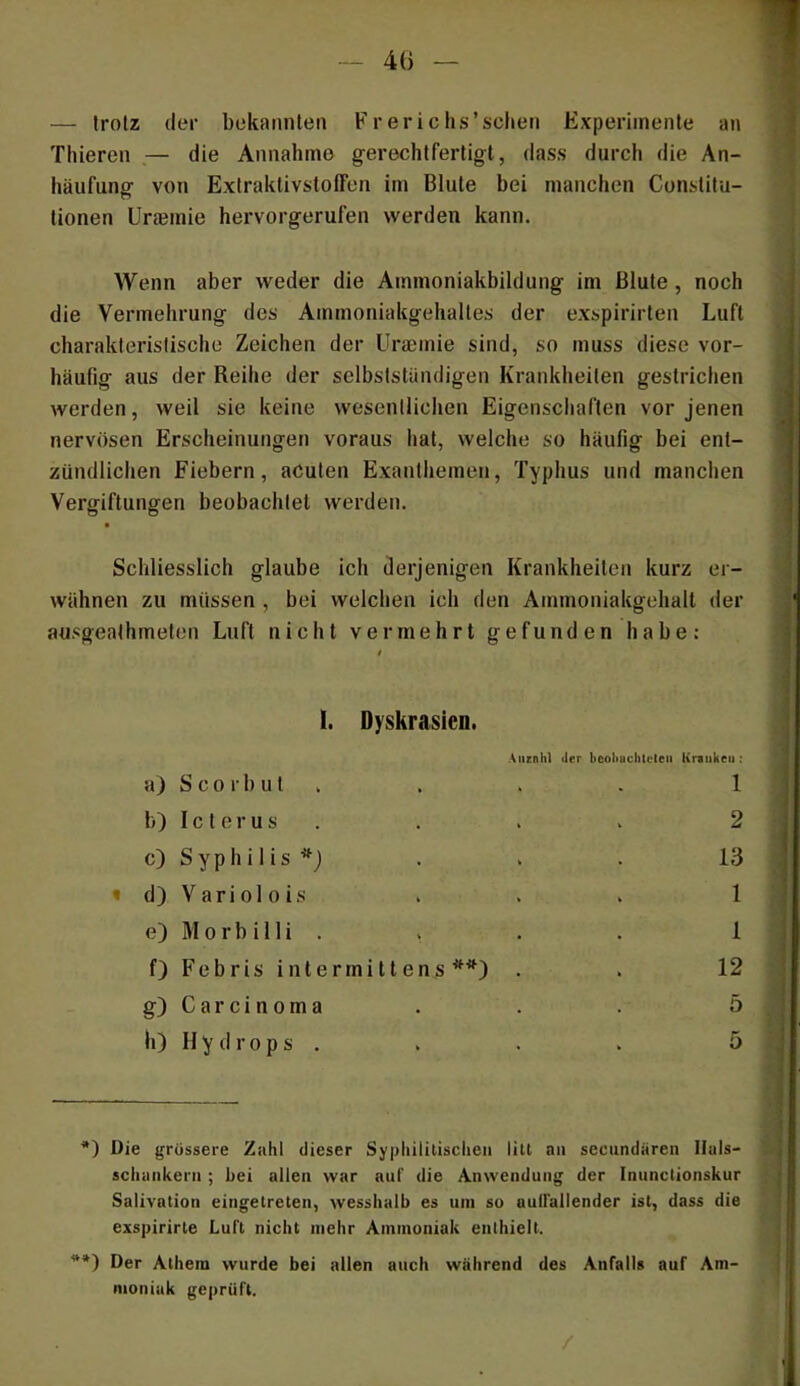 4() — Irotz der bekannten Frericlis’sclien Experimente an Tliieren — die Annahme gerecht fertigt, dass durch die An- häufunff von Extraktivstoffen im Blute bei manchen Constitu- tionen Uraiinie hervorgerufen werden kann. Wenn aber weder die Ammoniakbildung im Blute , noch die Vermehrung des Ammoniakgehaltes der exspirirlen Luft charakteristische Zeichen der Uraemie sind, so muss diese vor- häufig aus der Reihe der selbstständigen Krankheiten gestrichen werden, weil sie keine wesentlichen Eigenschaften vor jenen nervösen Erscheinungen voraus hat, welche so häufig bei ent- zündlichen Fiebern, acuten Exanthemen, Typhus und manchen Vergiftungen beobachtet werden. Schliesslich glaube ich derjenigen Krankheiten kurz er- wähnen zu müssen , bei welchen ich den Ammoniakgehalt der ausgeathmeten Luft nicht vermehrt gefunden habe: t I. Dyskrasien. Aiiznhl lier bcoLuclaeleii Kranken: a) S c 0 r b u l . . . . 1 b) I c l e r u s . . . . 2 c) Syph i 1 is . . . 13 «djVariolois . . . 1 e) M 0 r b i 11 i . . . . 1 0 Febris intermittens *) **) . . 12 g) Carcinoma . . . 5 h) n y d r 0 p s . . . . 5 *) Die grössere Zahl dieser Syphilitischen litt an secundaren llals- schunkern ; bei allen war auf die Anwendung der Inunclionskur Salivation eingetreten, wesshalb es uni so aullallender ist, dass die exspirirte Luft nicht mehr Ammoniak enthielt. **) Der Athera wurde bei allen auch während des Anfalls auf Am- moniak geprüft. /