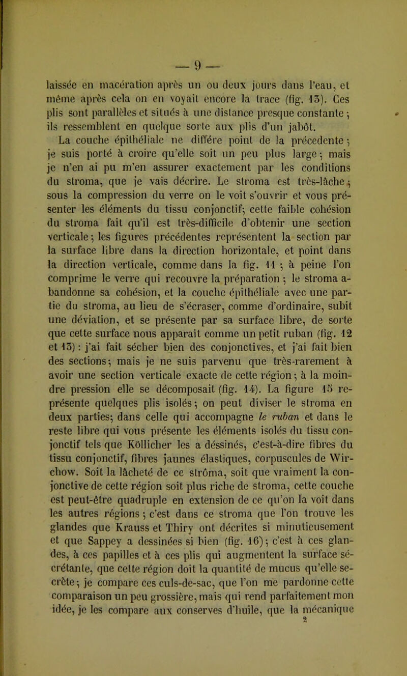 laissée en macération après un ou deux jours dans l’eau, et même après cela on en voyait encore la trace (fig. 13). Ces plis sont parallèles et situés à une distance presque constante -, ils ressemhlent en quelque sorte aux plis d’un jabôt. La couche épithéliale ne difl'érc point de la précédente -, je suis porté à croire qu’elle soit un peu plus large -, mais je n’en ai pu m’en assurer exactement par les conditions du stroma, que je vais décrire. Le stroma est très-lâche^ sous la compression du verre on le voit s’ouvrir et vous pré- senter les éléments du tissu conjonctif-, cette faible cohésion du stroma fait qu’il est très-difficile d’ohtenir une section verticale -, les figures précédentes représentent la section par la surface libre dans la direction horizontale, et point dans la direction verticale, comme dans la fig. H -, h peine l’on comprime le verre qui recouvre la préparation -, le stroma a- bandonne sa cohésion, et la couche épithéliale avec une par- tie du stroma, au lieu de s’écraser, comme d’ordinaire, subit une déviation, et se présente par sa surface libre, de sorte que cette surface nous apparaît comme un petit ruban (fig. 12 et 15) : j’ai fait sécher bien des conjonctives, et j’ai fait bien des sections-, mais je ne suis parvenu que très-rarement à avoir une section verticale exacte de cette région -, à la moin- dre pression elle se décomposait (fig. 14). La figure 15 re- présente quelques plis isolés-, on peut diviser le stroma en deux parties-, dans celle qui accompagne le ruban et dans le reste libre qui vous présente les éléments isolés du tissu con- jonctif tels que Kôllicher les a déssinés, c’est-à-dire fibres du tissu conjonctif, fibres jaunes élastiques, corpuscules de Wir- chow. Soit la lâcheté de ce stroma, soit que vraiment la con- jonctive de cette région soit plus riche de stroma, cette couche est peut-être quadruple en extension de ce qu’on la voit dans les autres régions -, c’est dans ce stroma que l’on trouve les glandes que Krauss et Thiry ont décrites si minutieusement et que Sappey a dessinées si bien (fig. 16)-, c’est à ces glan- des, à ces papilles et à ces plis qui augmentent la surface sé- crétante, que cette région doit la quantité de mucus qu’elle se- crète -, je compare ces culs-de-sac, que l’on me pardonne cette comparaison un peu grossière, mais qui rend parfaitement mon idée, je les compare aux conserves d'huile, que la mécanique